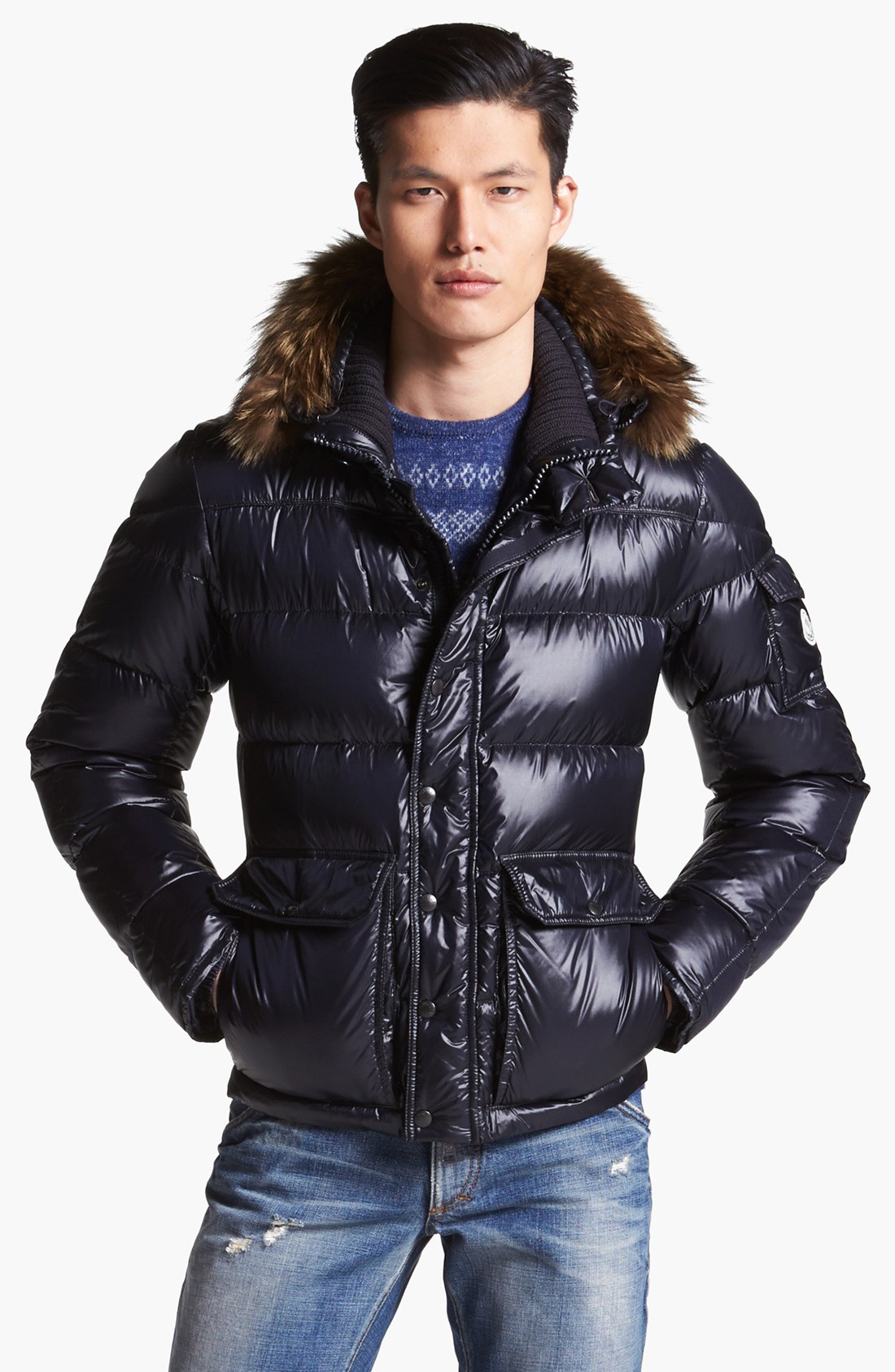 Moncler Hubert Down Jacket with Genuine Coyote Fur Trim in Blue for Men ...