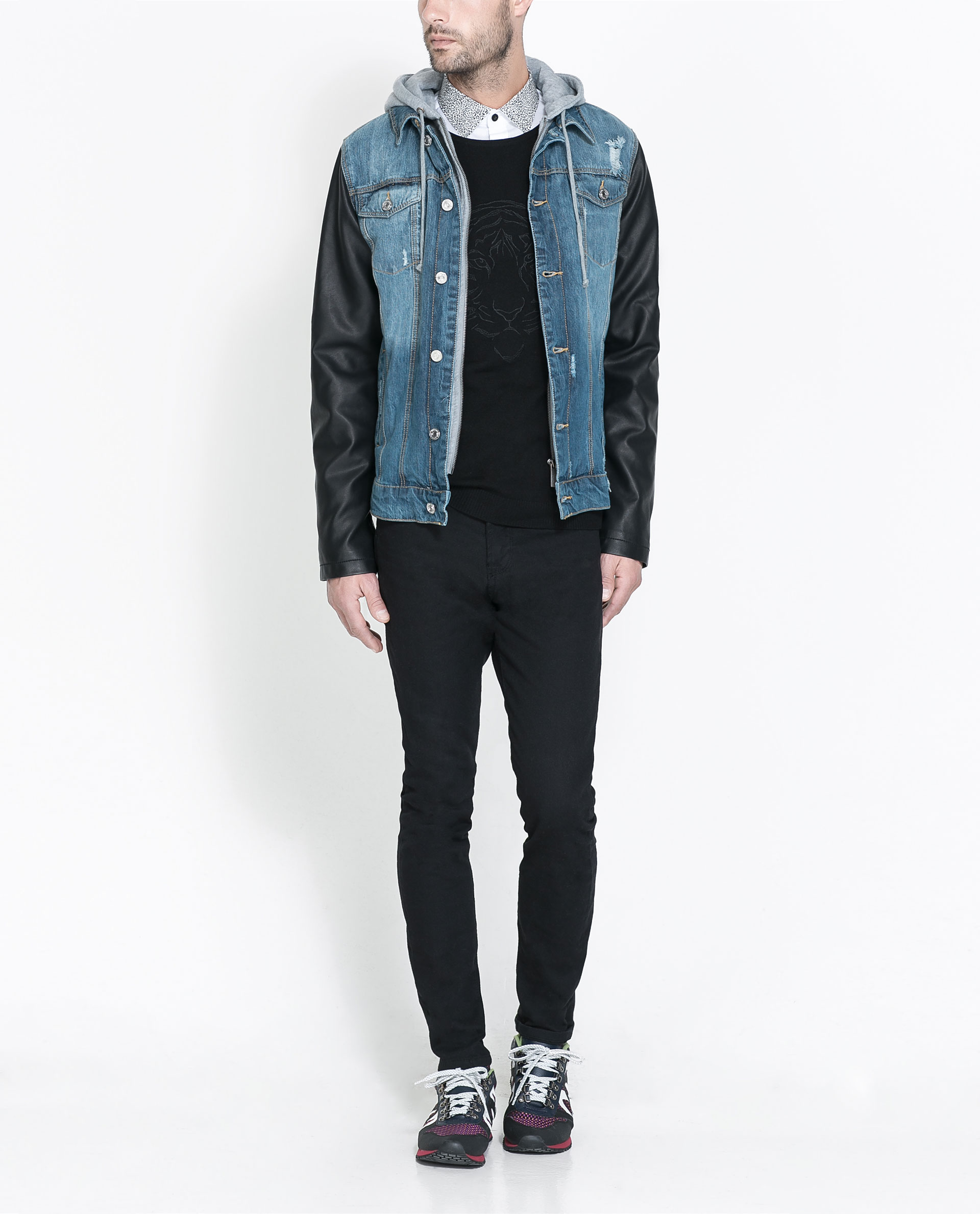 Zara Denim Jacket with Faux Leather Sleeves in Blue for Men | Lyst