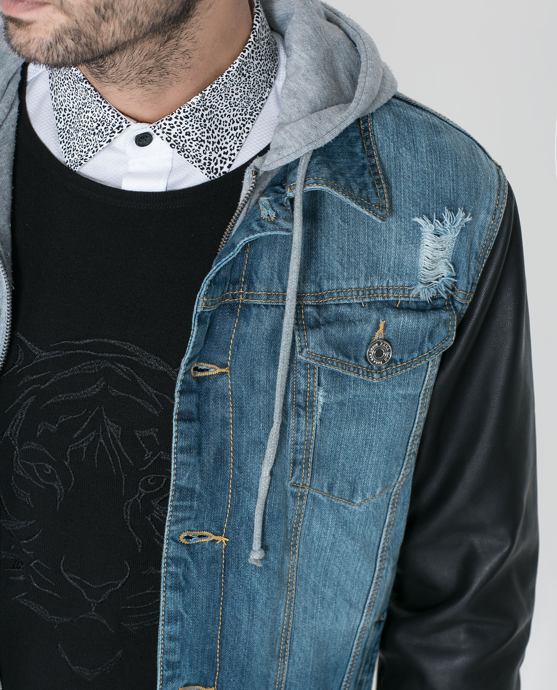 Zara Denim Jacket with Faux Leather Sleeves in Blue for Men | Lyst