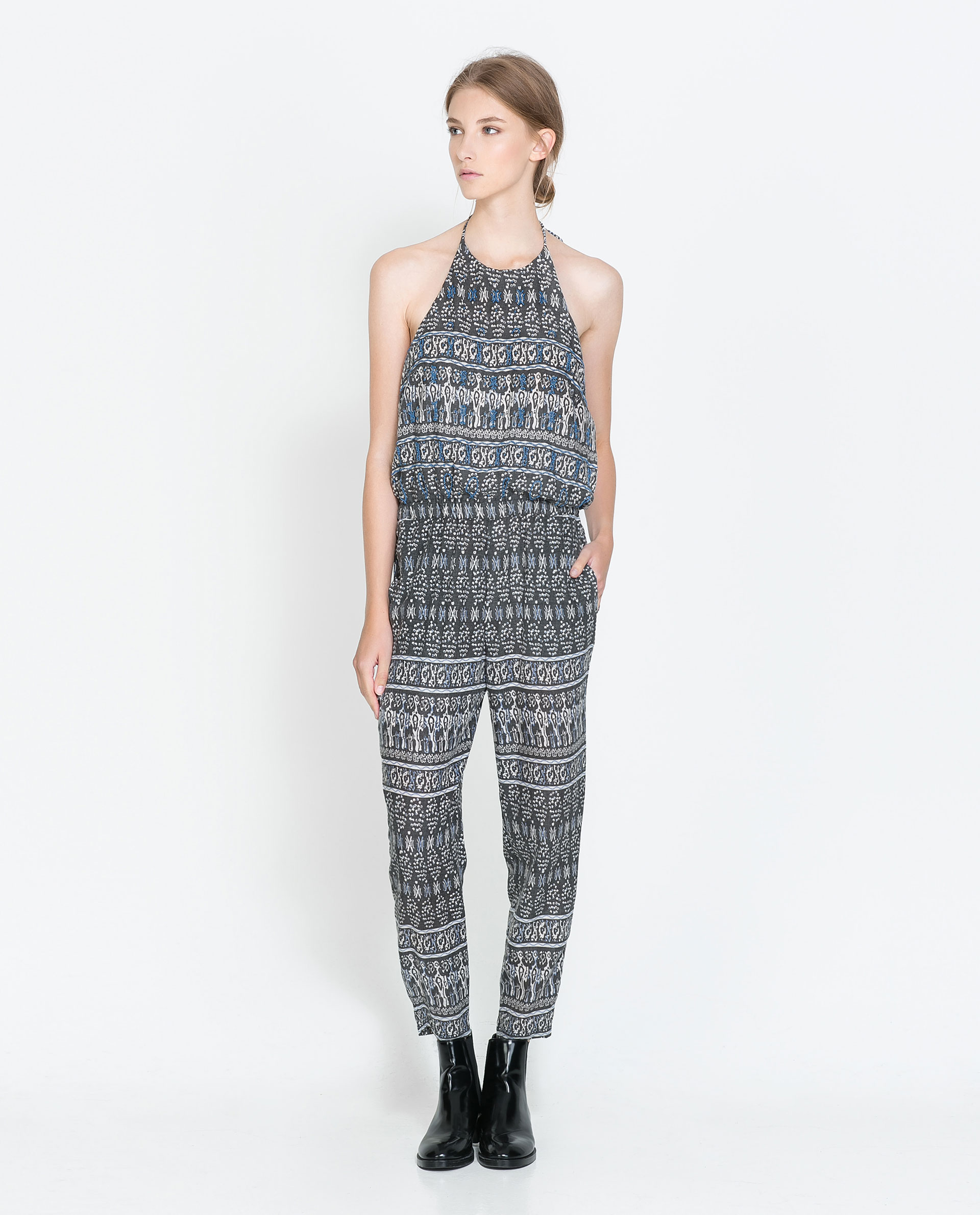 Zara Beaded Printed Jumpsuit in Gray | Lyst