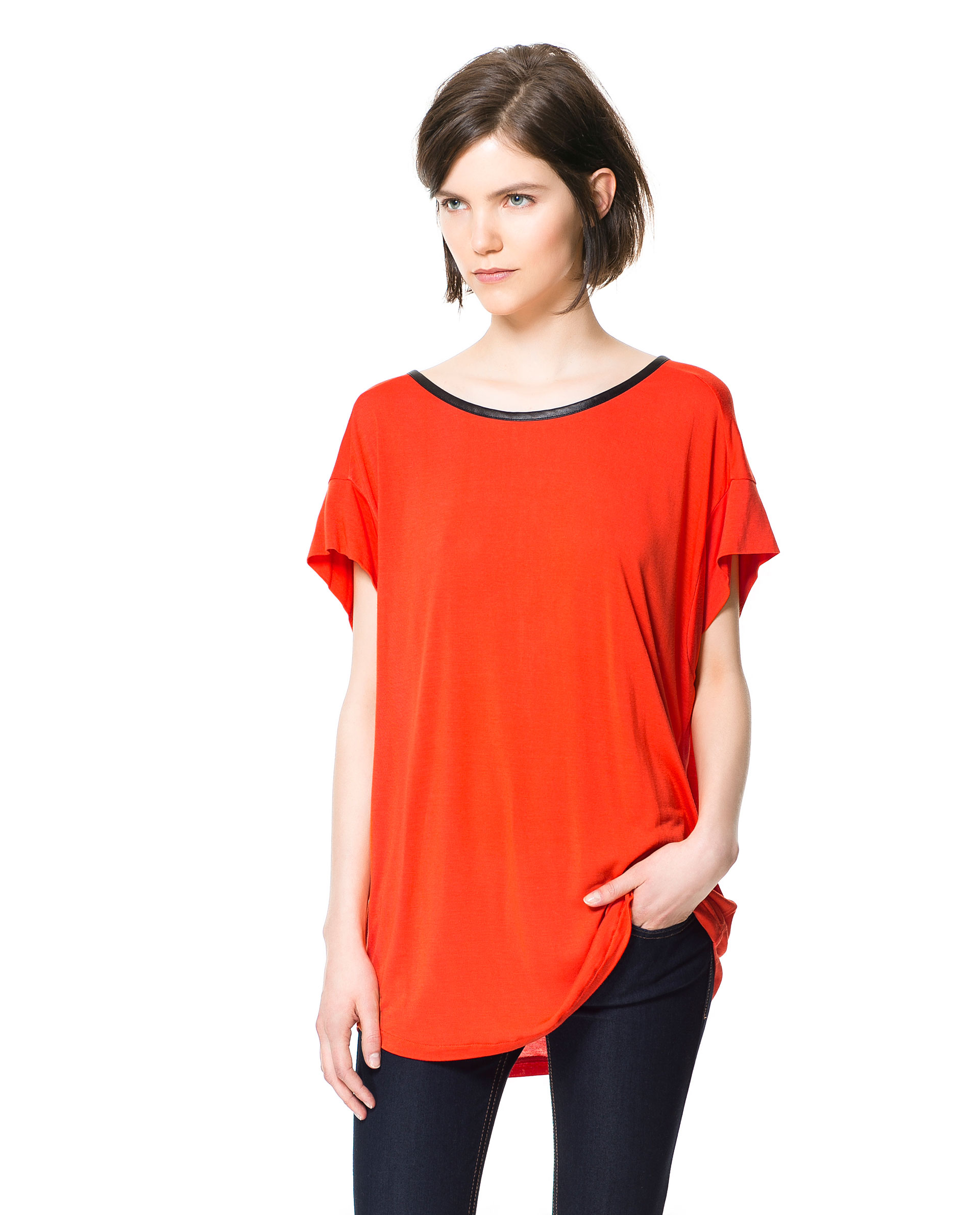 Zara Tshirt with Faux Leather Neckline and Back Zip in Orange | Lyst