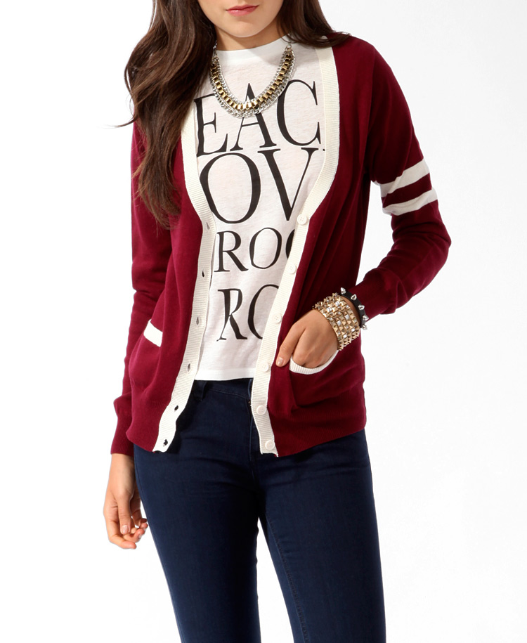Lyst Forever 21 Longline Varsity Cardigan in Red