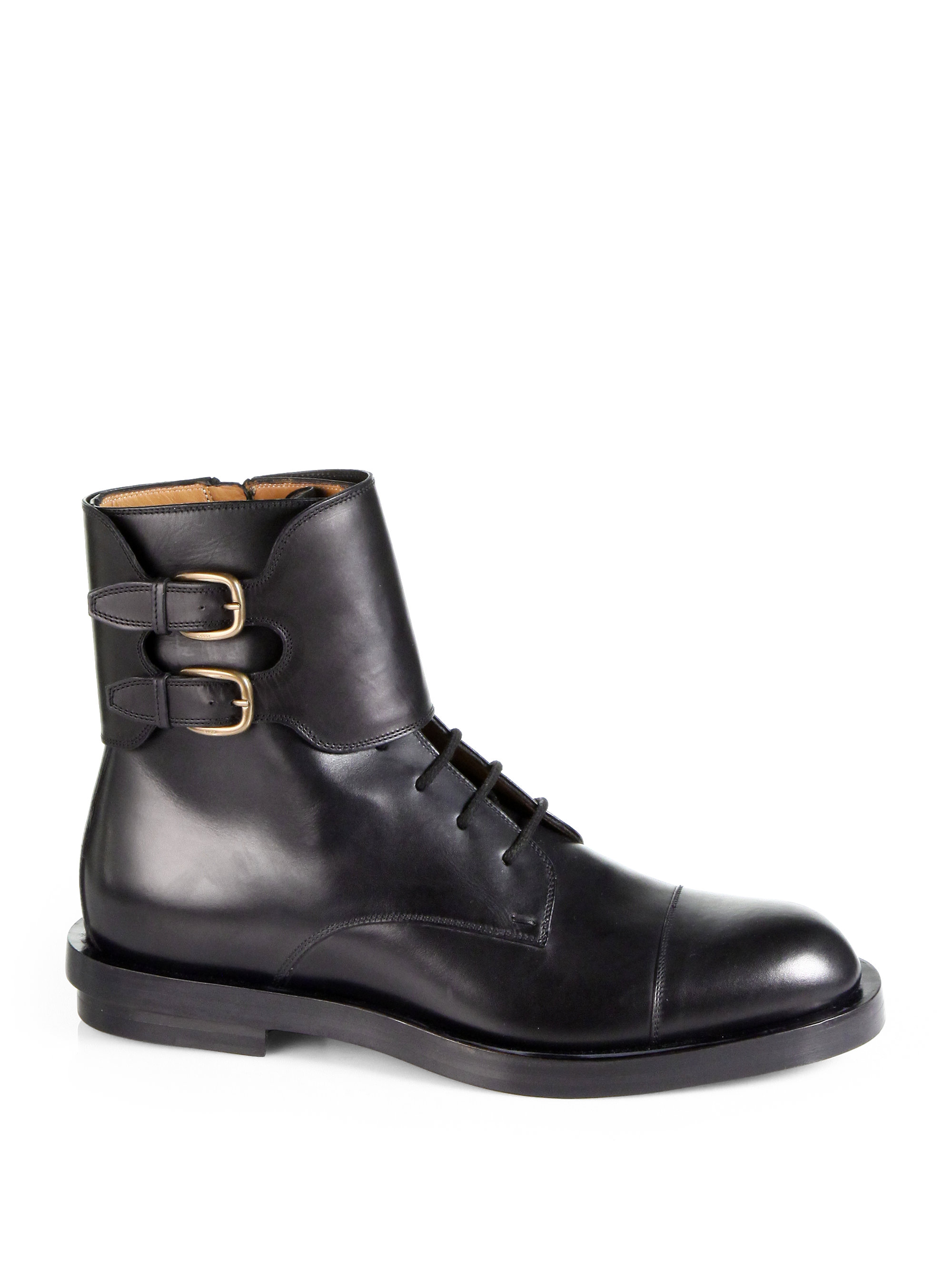 Lyst - Gucci Leather Double Buckle Military Boots in Black for Men