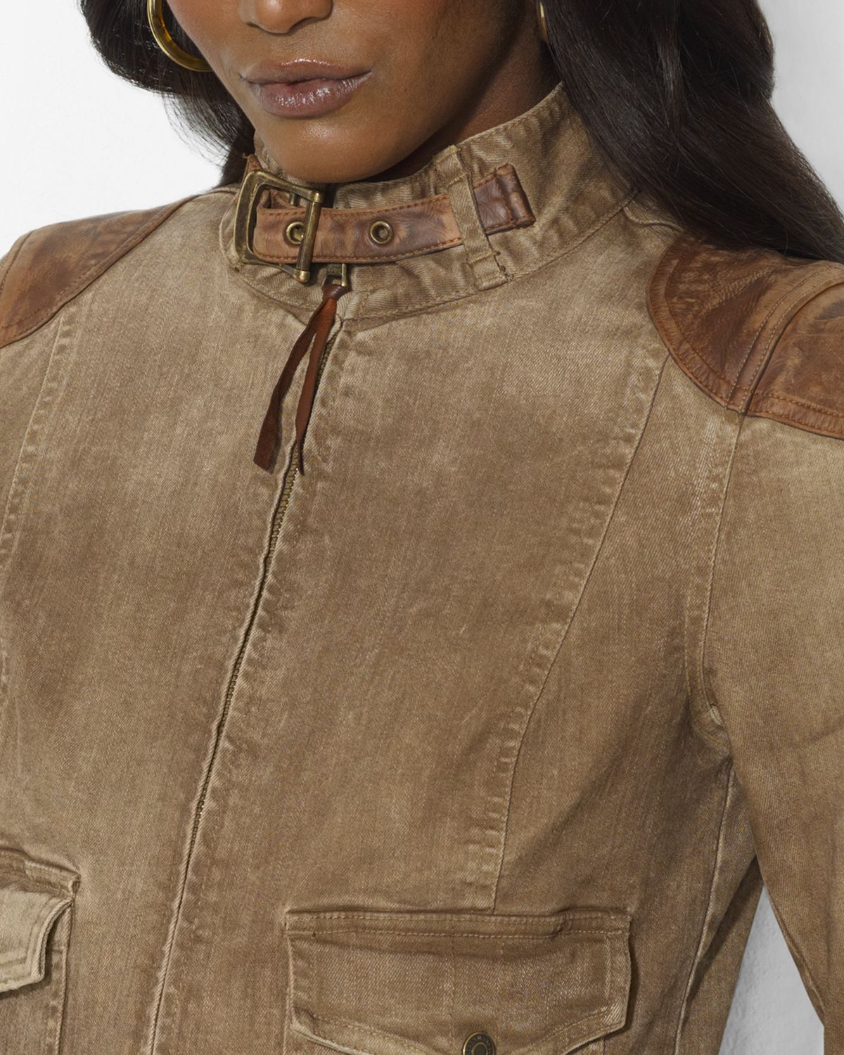 Lyst Lauren By Ralph Leathertrimmed Denim Jacket In Brown Gallery