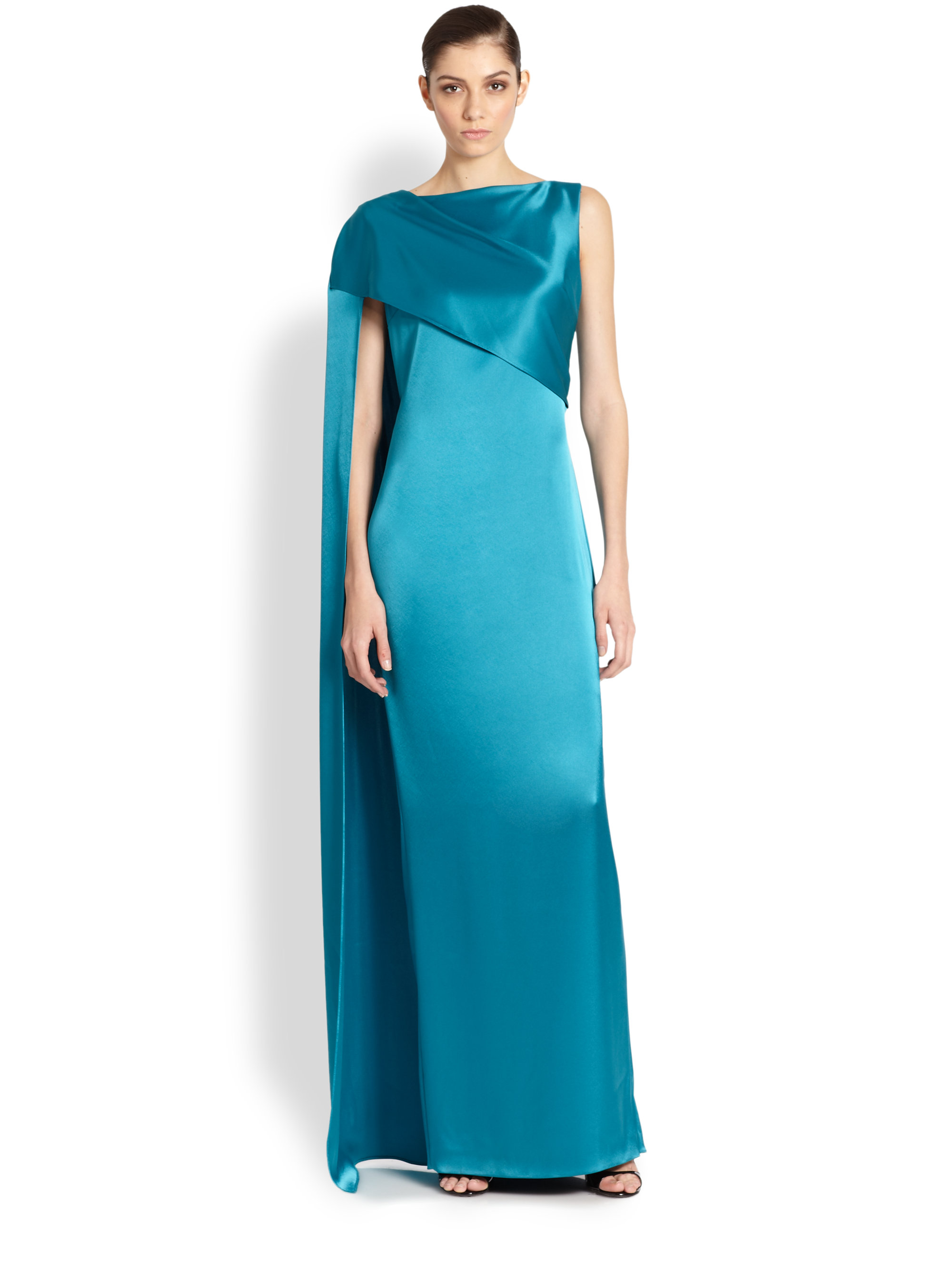 St. John Satin Asymmetrical Cape Gown in Blue | Lyst