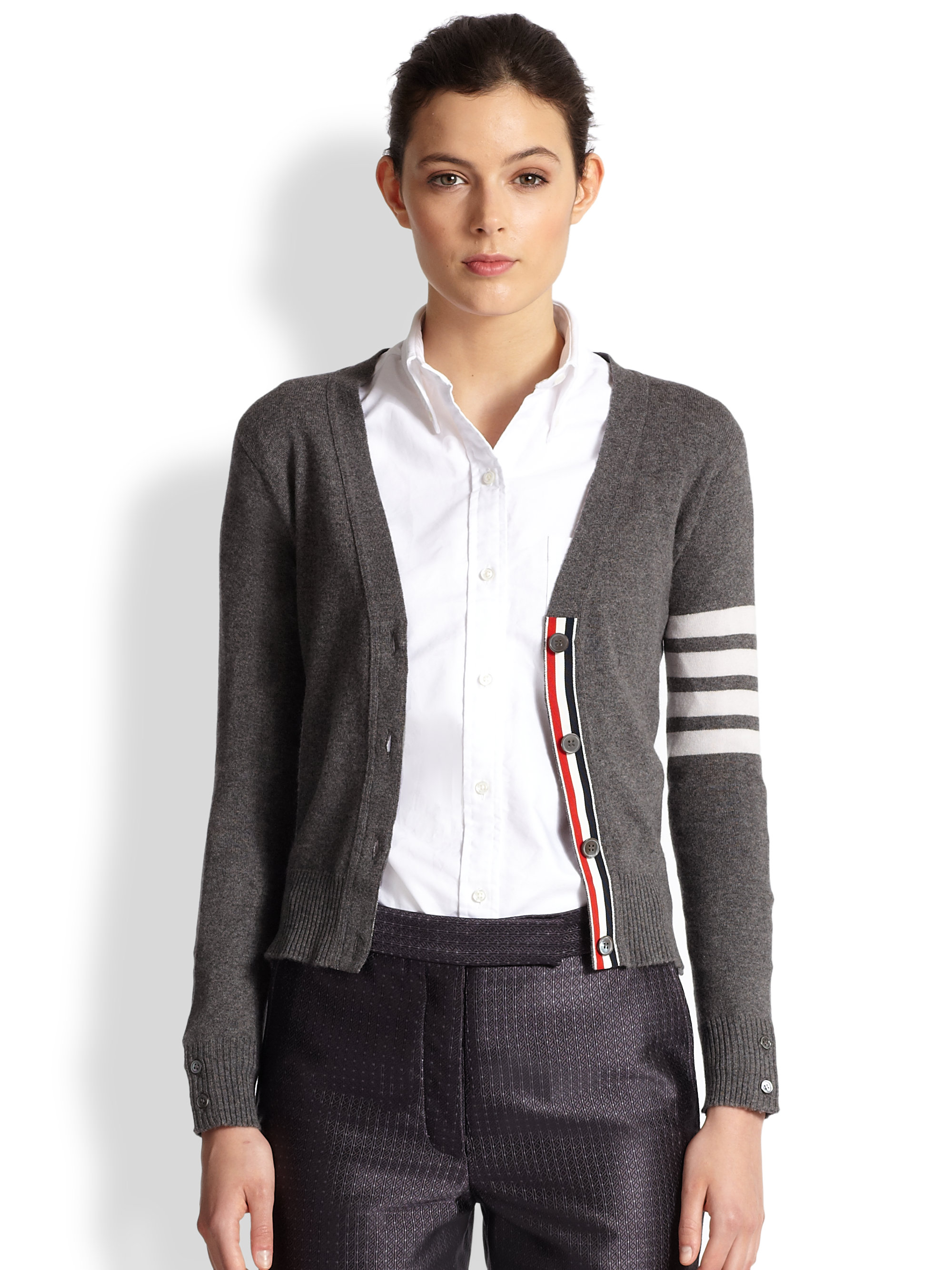 Thom Browne Striped-sleeve Cashmere Cardigan in Grey (Gray) - Lyst