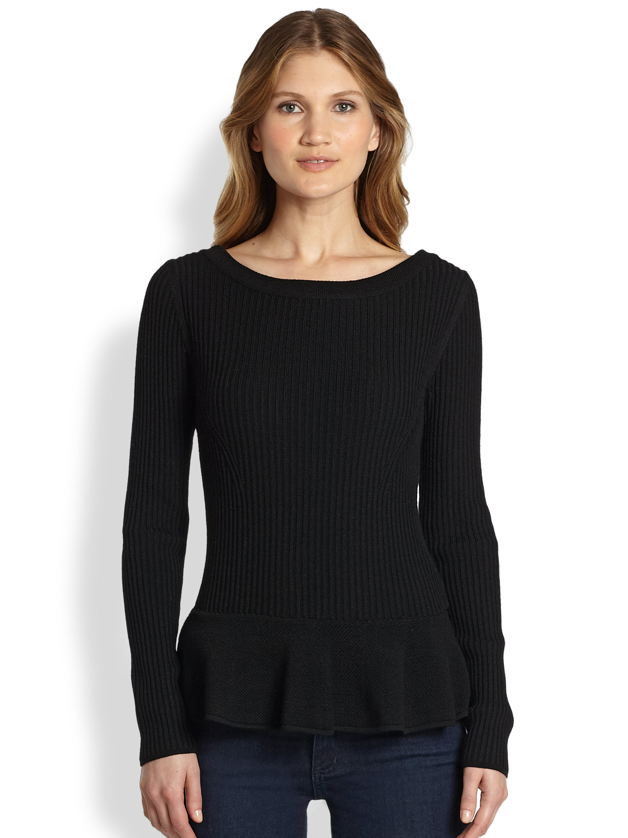 Lyst - Tory Burch Ramona Merino Wool Peplum Sweater in Black