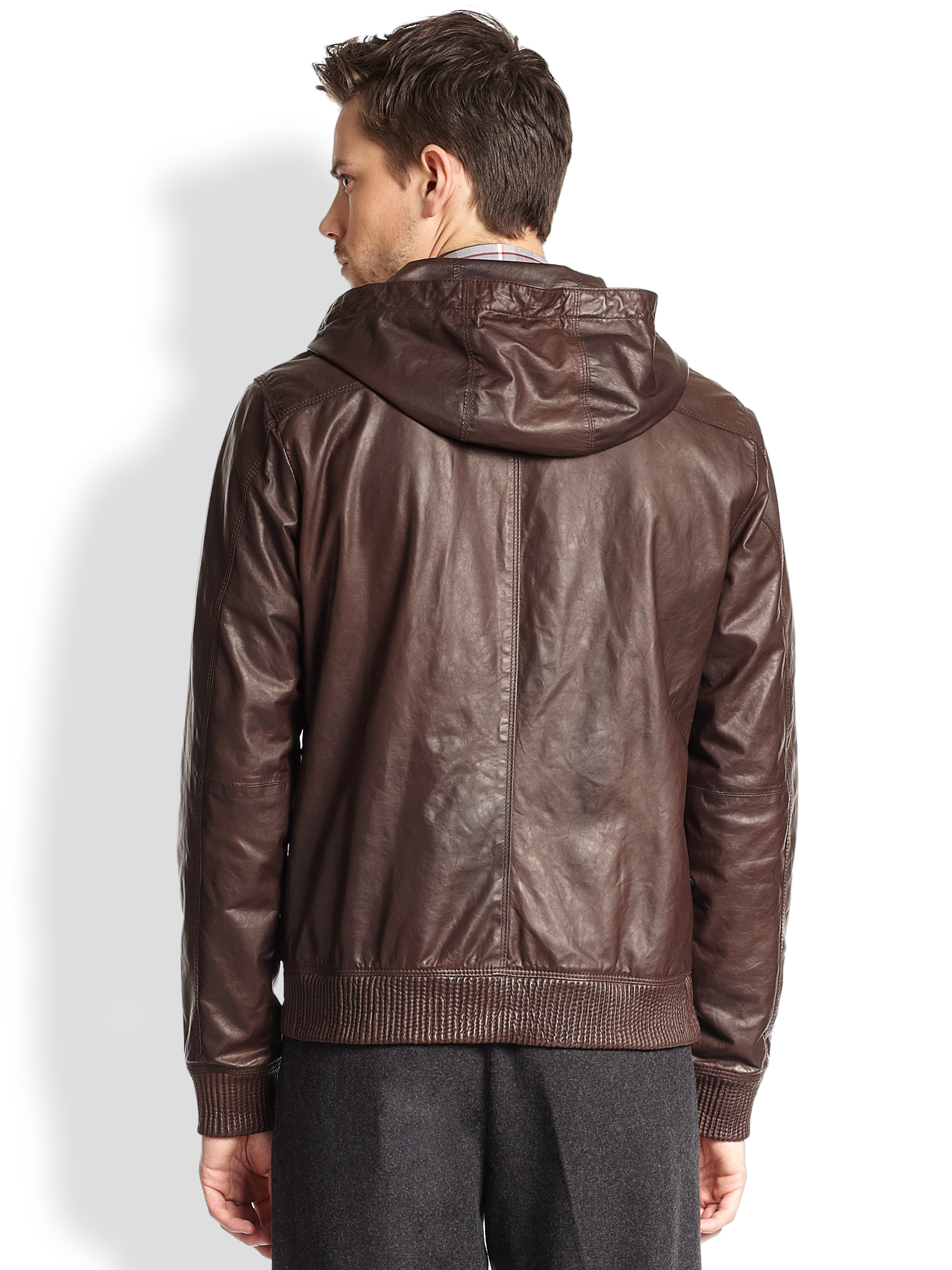 Mens Brown Leather Hooded Jacket Pictures