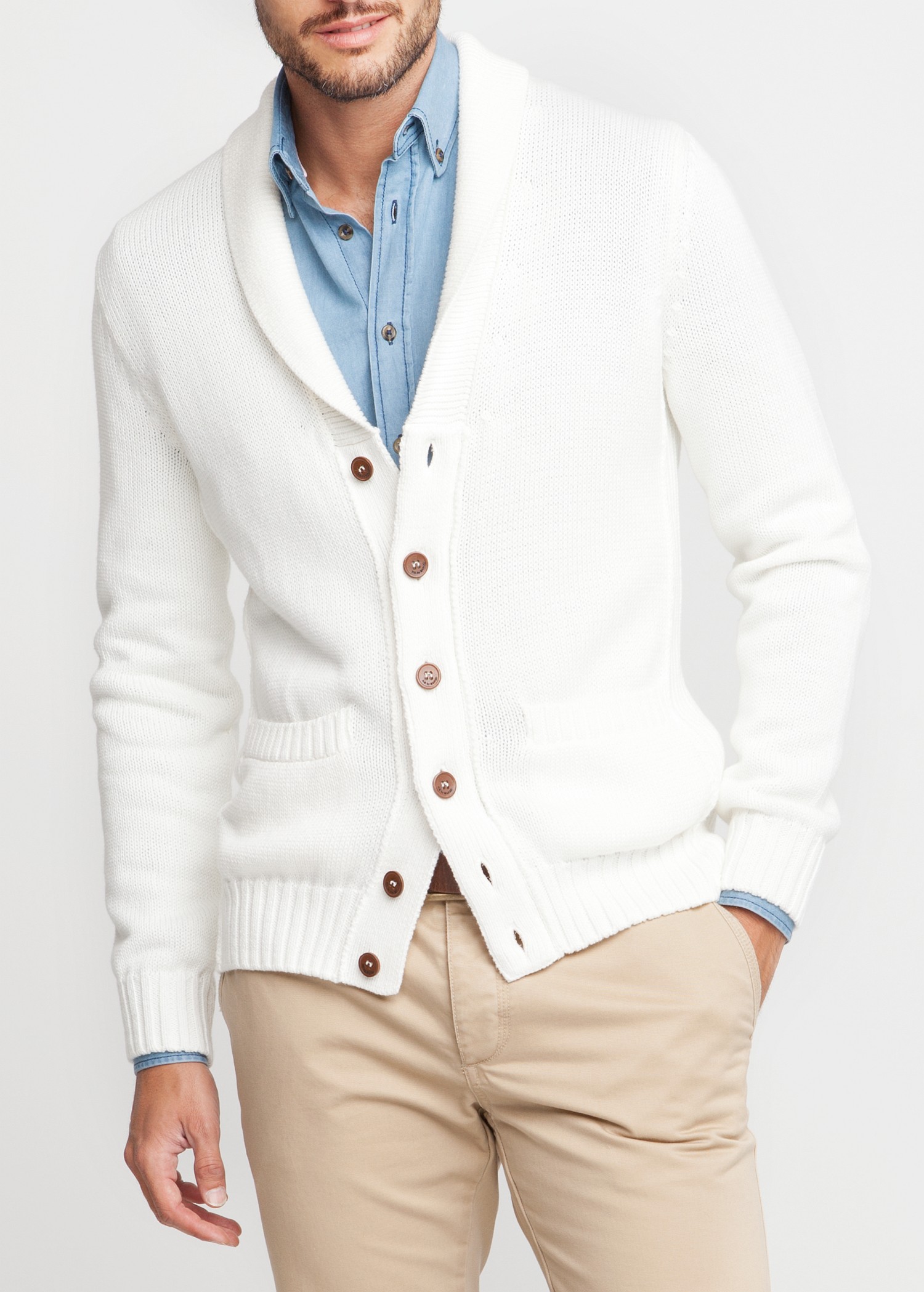 Mango Shawl Collar Cotton Cardigan in White for Men - Lyst