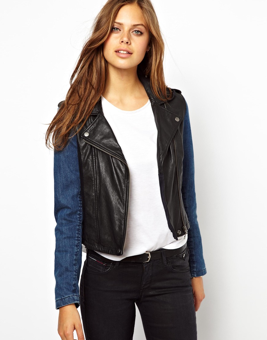 leather jacket with denim sleeves
