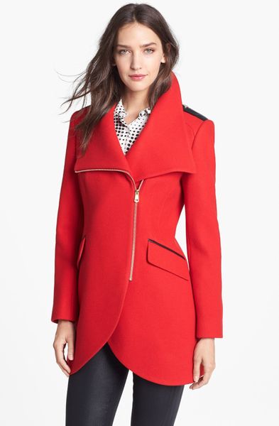 French Connection Leather Trim Asymmetrical Cutaway Coat in Red ...