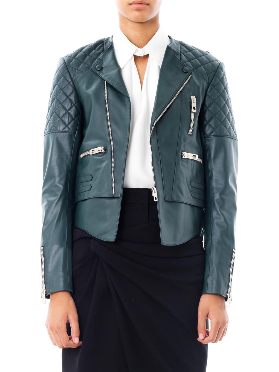 Balenciaga Quilted Shoulder Leather Biker Jacket in Green | Lyst