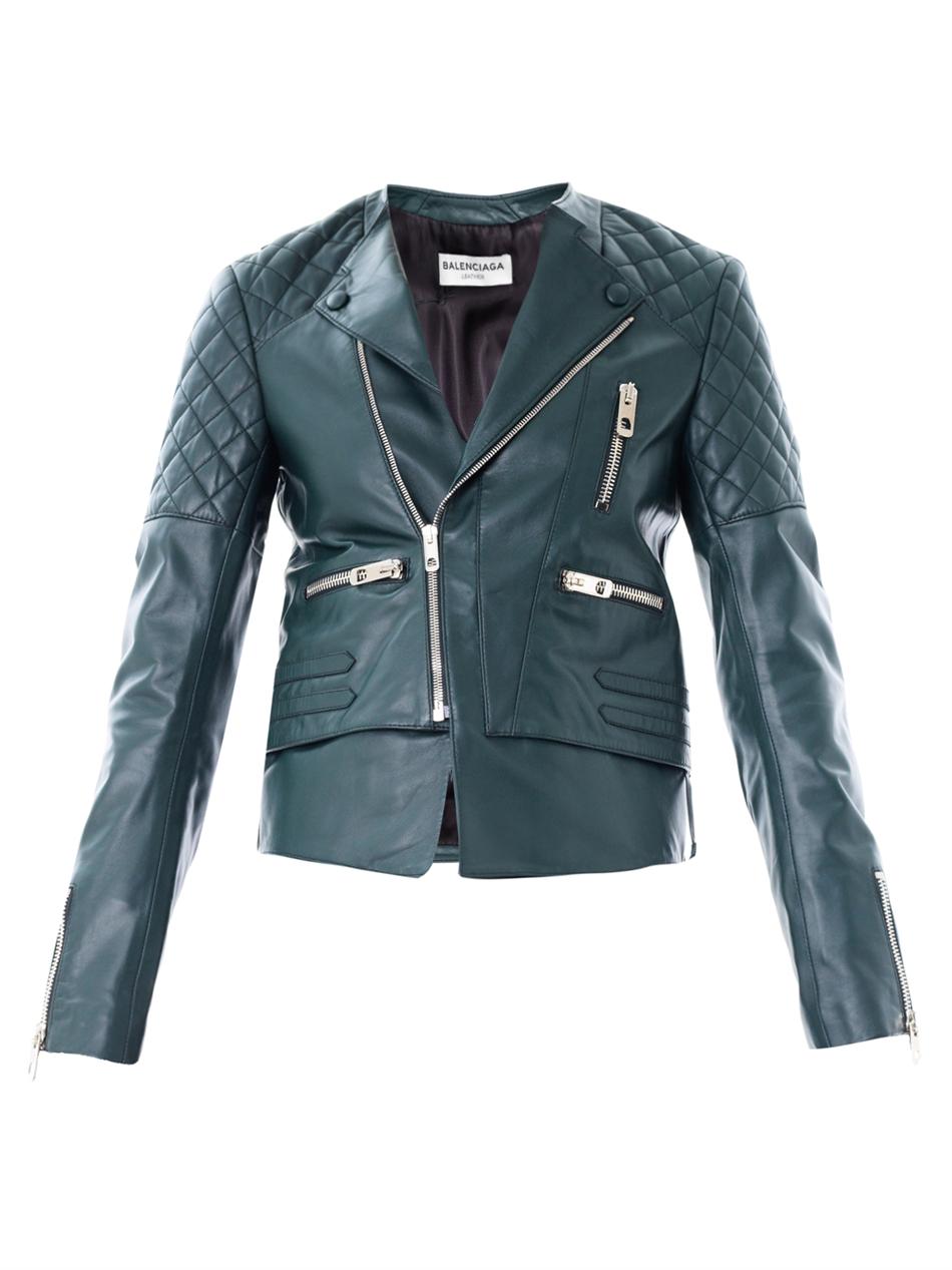 Balenciaga Quilted Shoulder Leather Biker Jacket in Green | Lyst