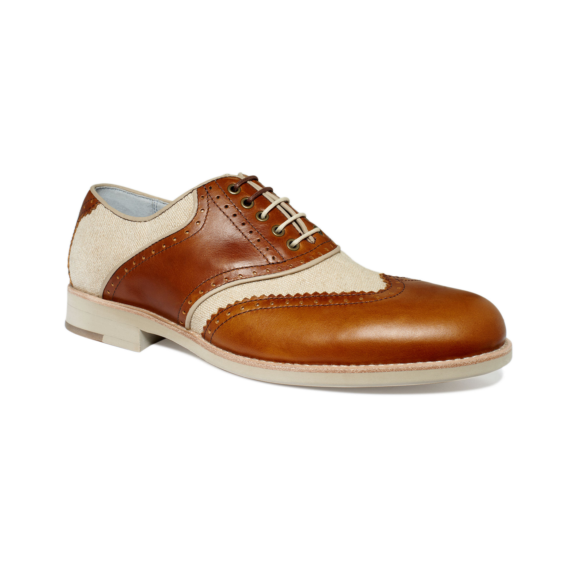 Johnston & Murphy Ellington Leather and Linen Wing Tip Shoes in Tan
