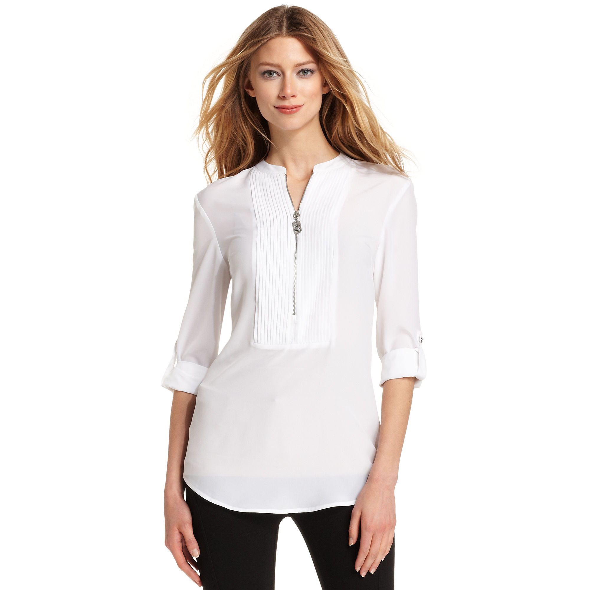 Michael Kors Longsleeve Zipper Tuxedo Shirt in White | Lyst