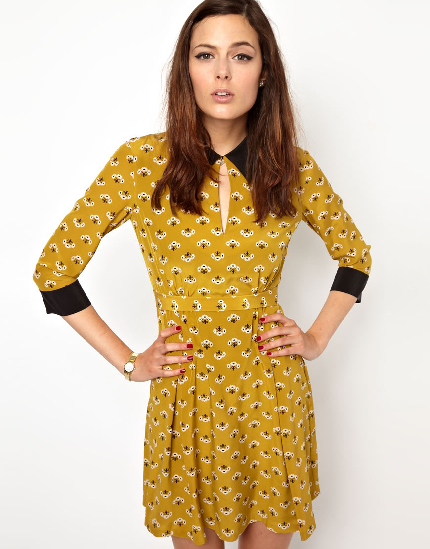 Orla Kiely Collar Detail Dress in Posey Print Silk in Yellow - Lyst
