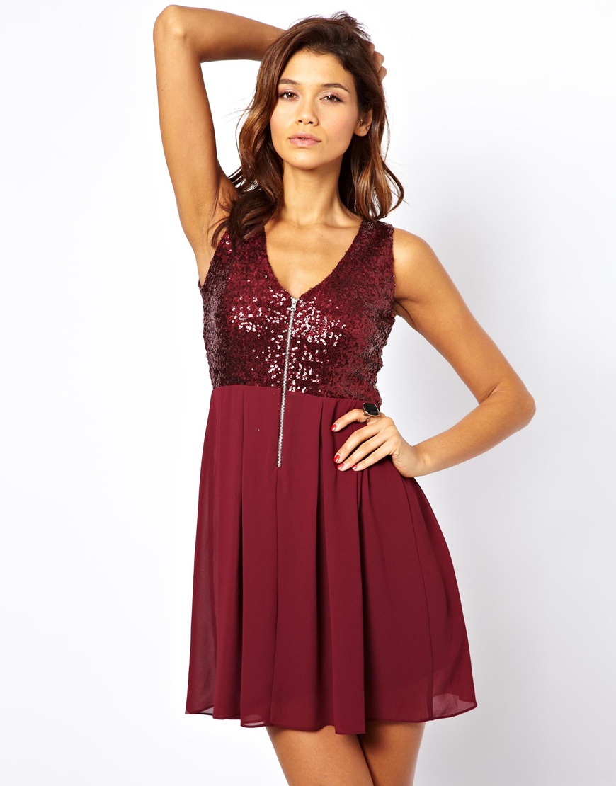 Tfnc Babydoll Dress with Sequin Bodice in Red (Burgundy) | Lyst