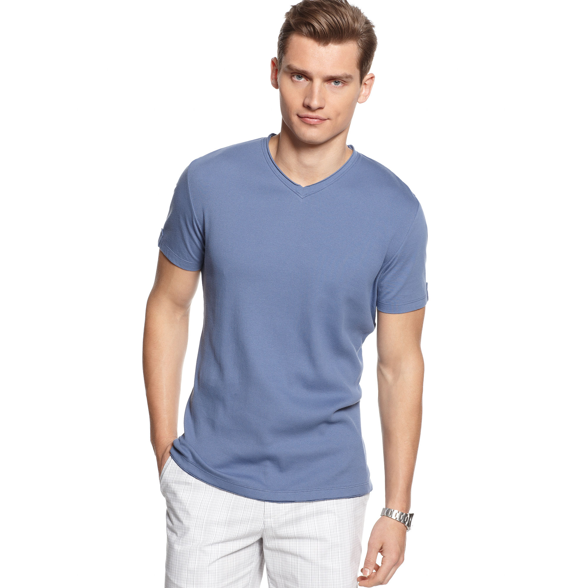 Lyst - Calvin Klein Short Sleeve Slim Fit V Neck T- Shirt in Blue for Men