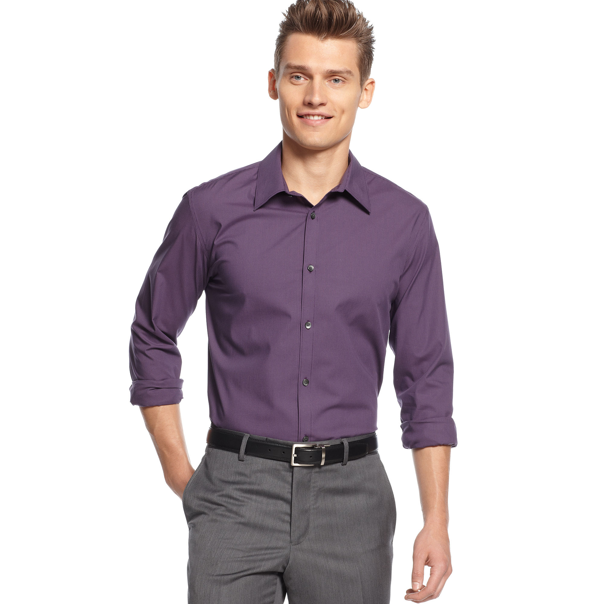 Calvin Klein Long Sleeve Non Iron Mini Stripe Shirt in Purple for Men ...