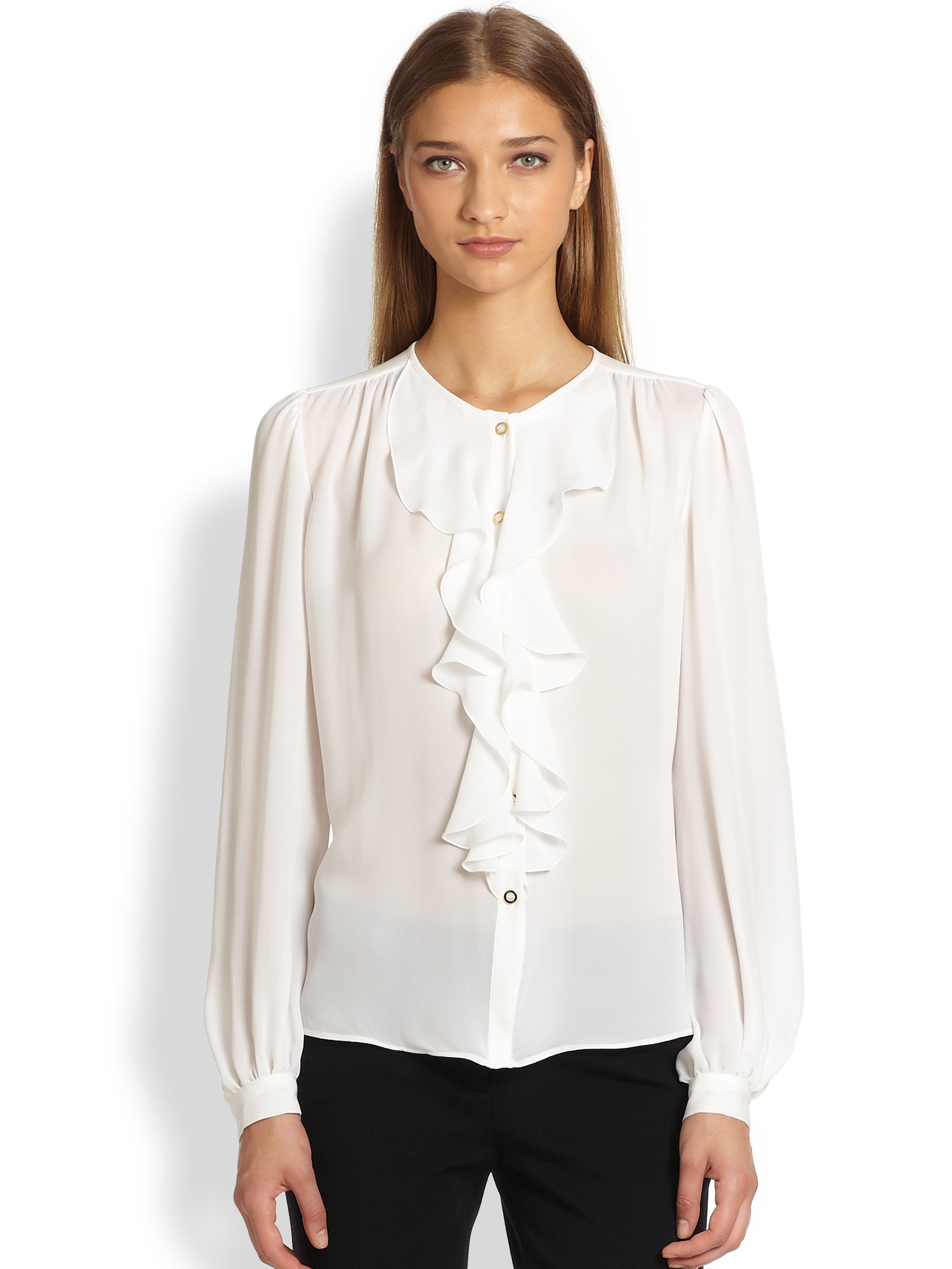 White silk ruffle blouse clearance