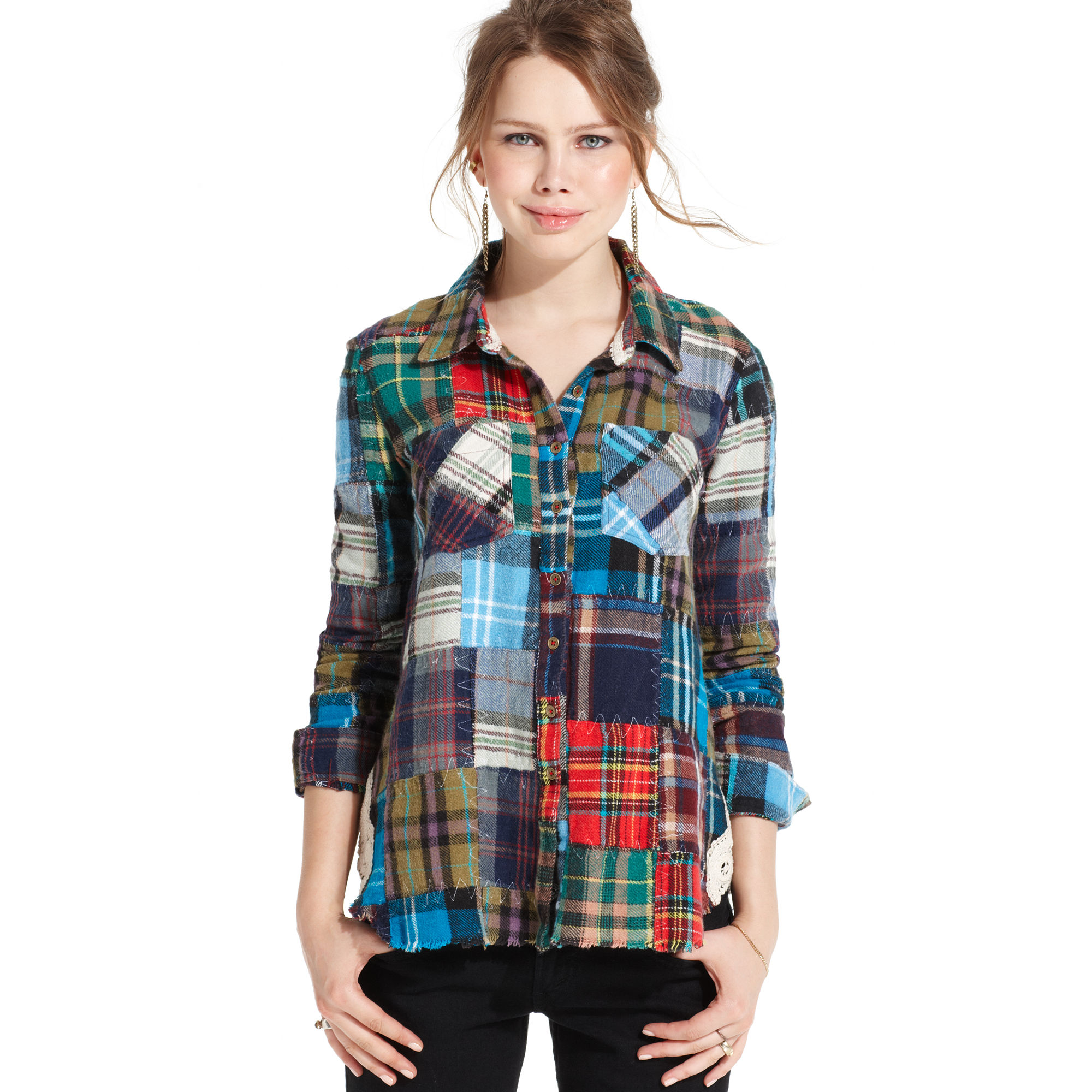 Free People Multicolor Longsleeve Plaid Patchwork Shirt Lyst