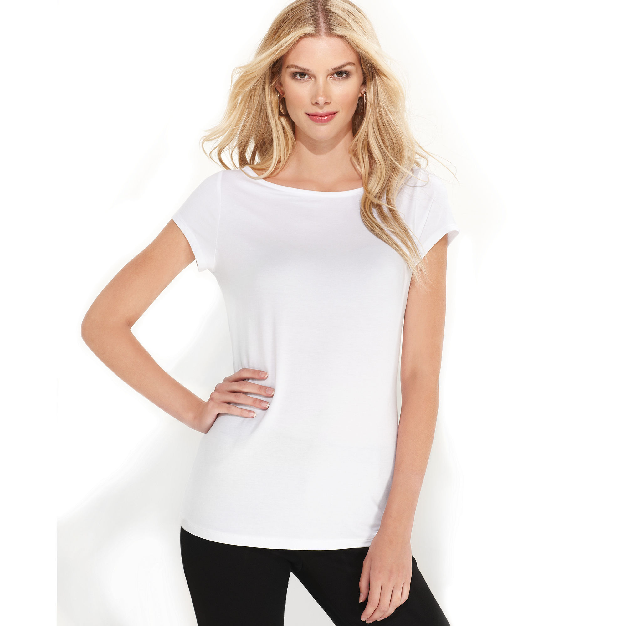 Inc International Concepts Cap Sleeve Boat Neck Tee In Bright White
