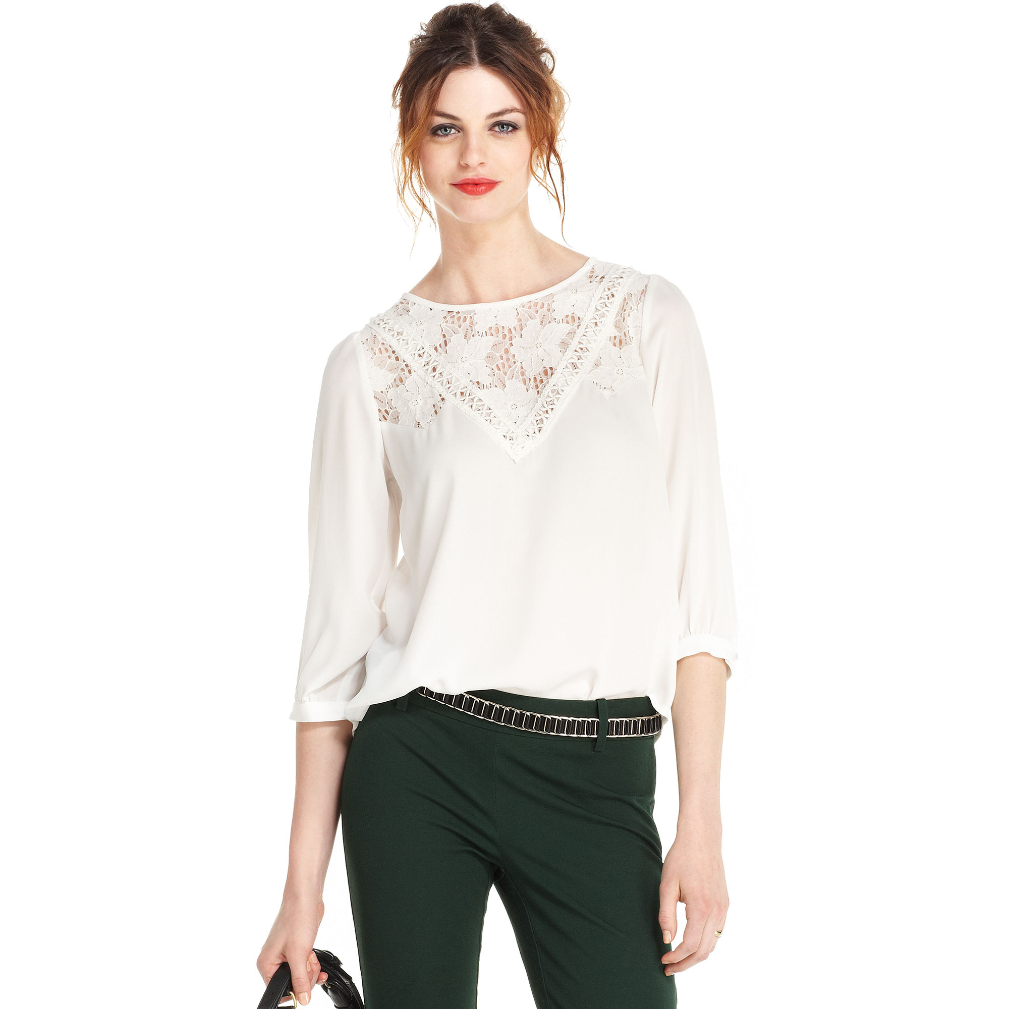 Maison Jules Three Quarter High Neck Lace Blouse in White (Bright White 
