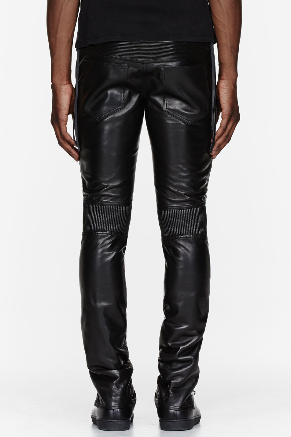Lyst - Saint Laurent Black Leather Ribbed and Zippered Biker Pants in ...
