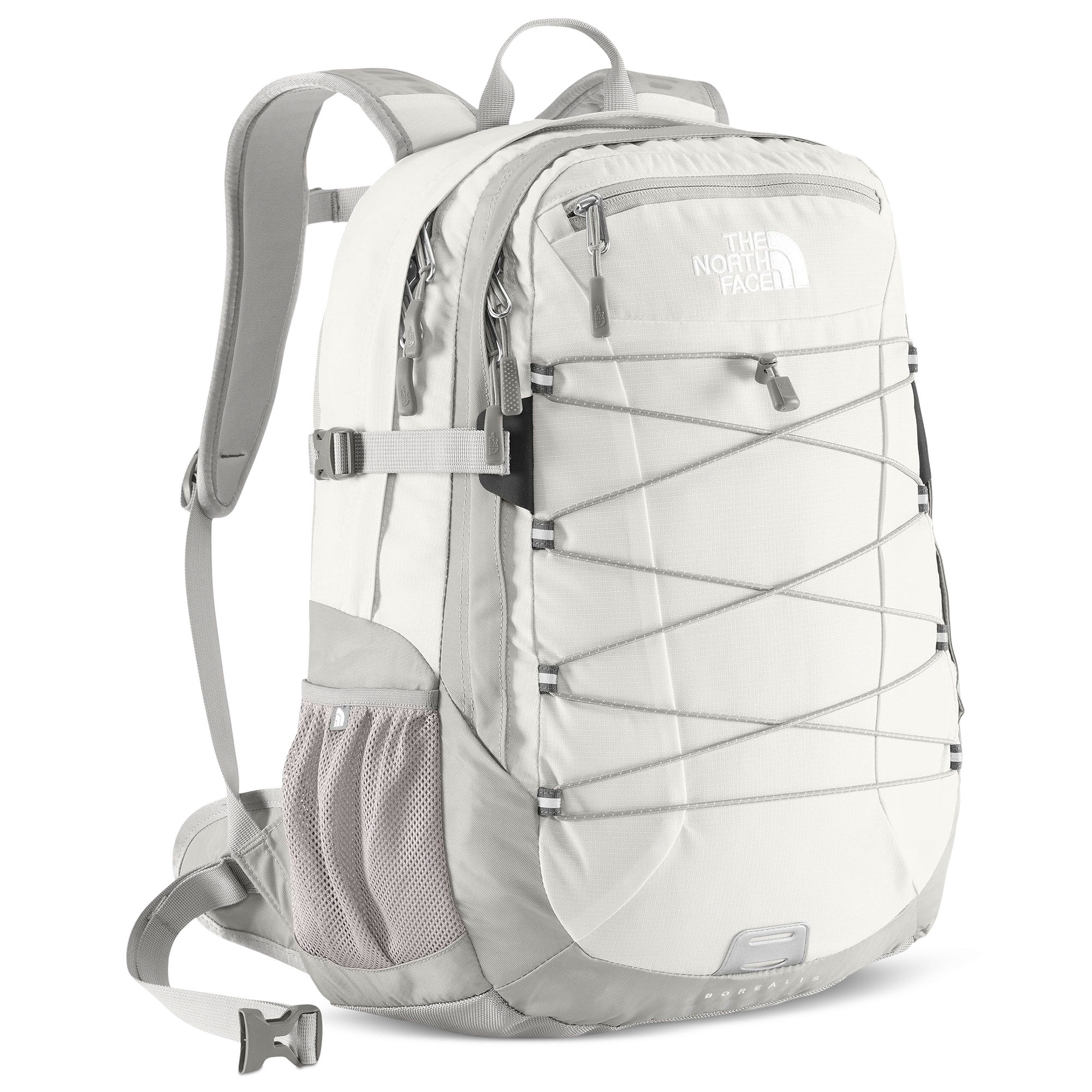 white and grey north face backpack