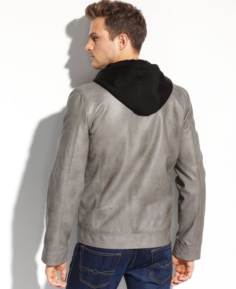 Guess Coats Faux Leather Hooded Moto Jacket in Gray for Men (Black) | Lyst