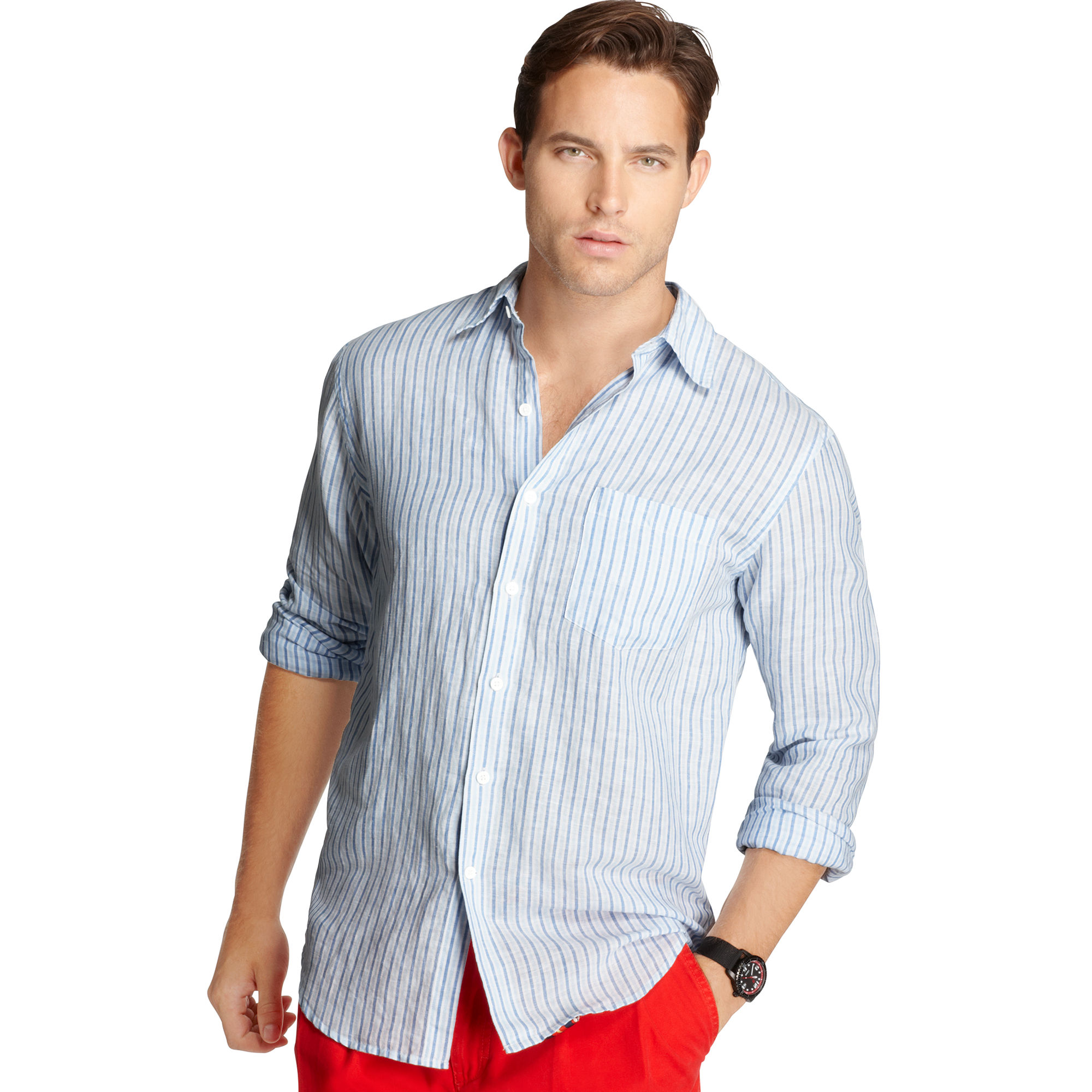 Lyst - Izod Long Sleeve Linen Blend Stripe Shirt in Blue for Men