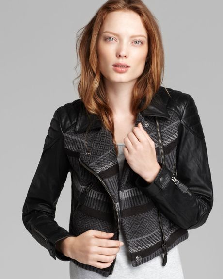 Burberry Brit Cropped Sweater Moto Jacket with Leather Sleeves in Black ...