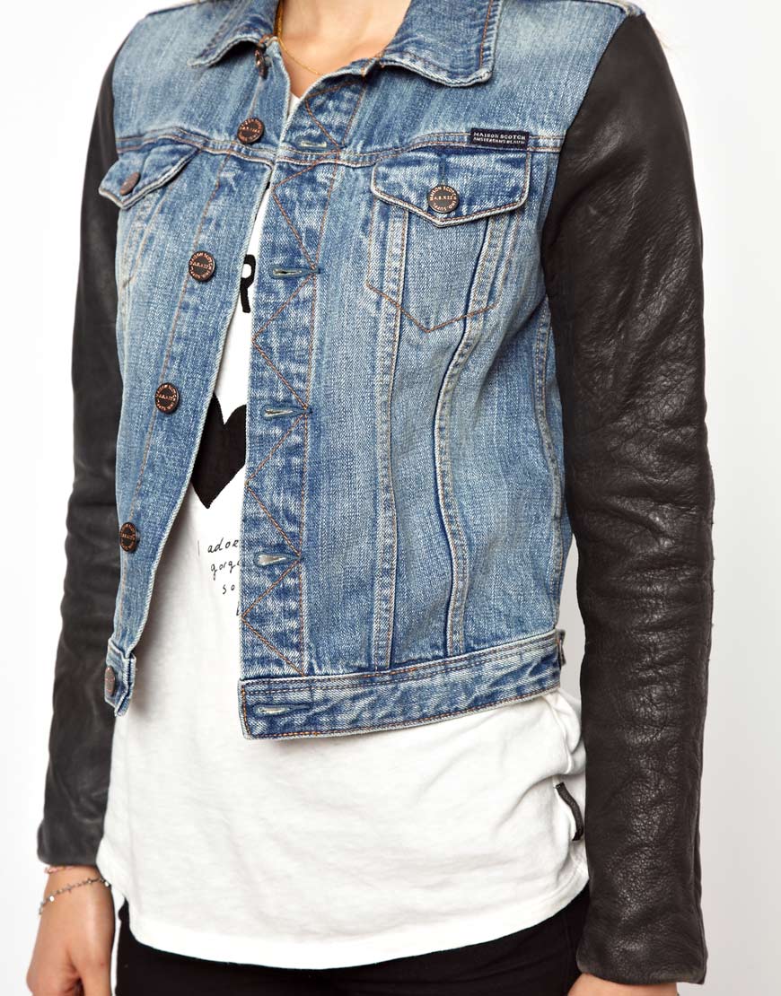 ASOS Maison Scotch Denim Jacket with Leather Sleeves in Black | Lyst