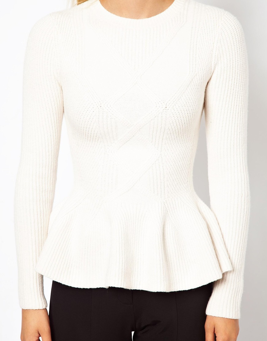 Ted Baker Cable Knit Jumper with Peplum Hem in White | Lyst