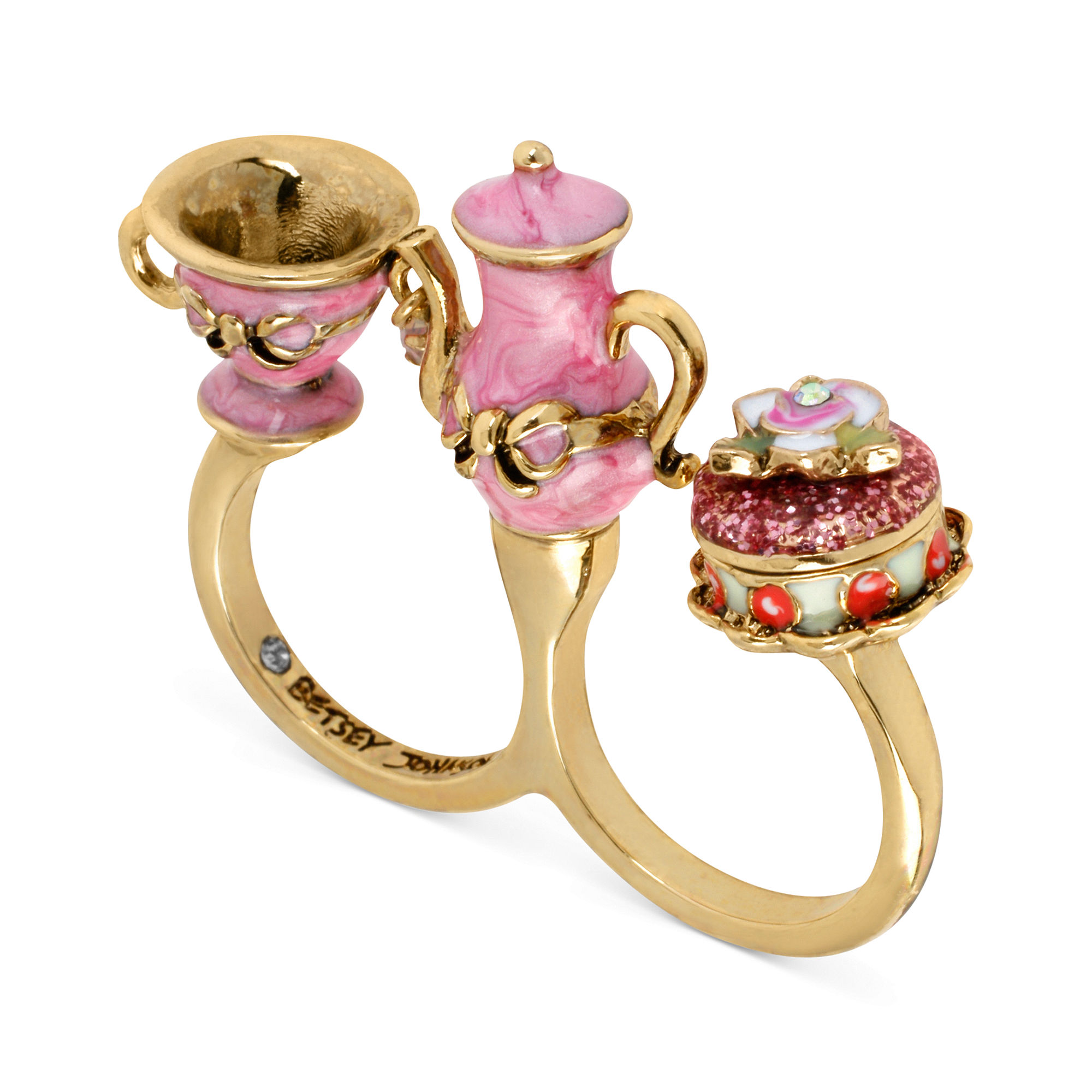 Betsey Johnson Antique Goldtone Pink Teapot and Cup Twofinger Ring Lyst