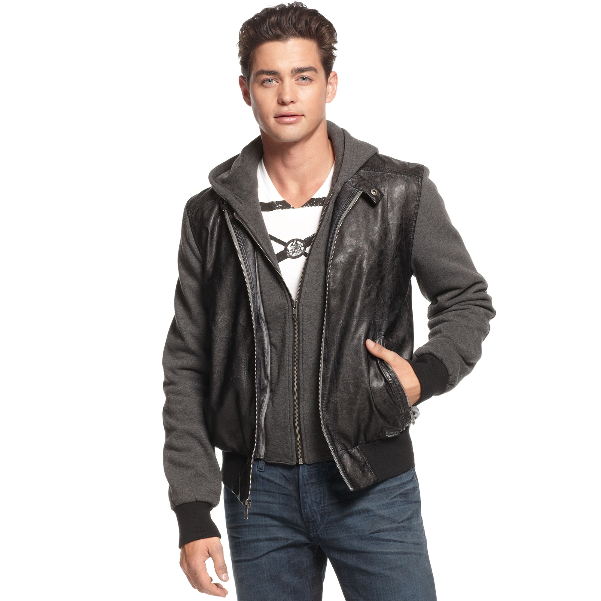 guess leather hooded jacket