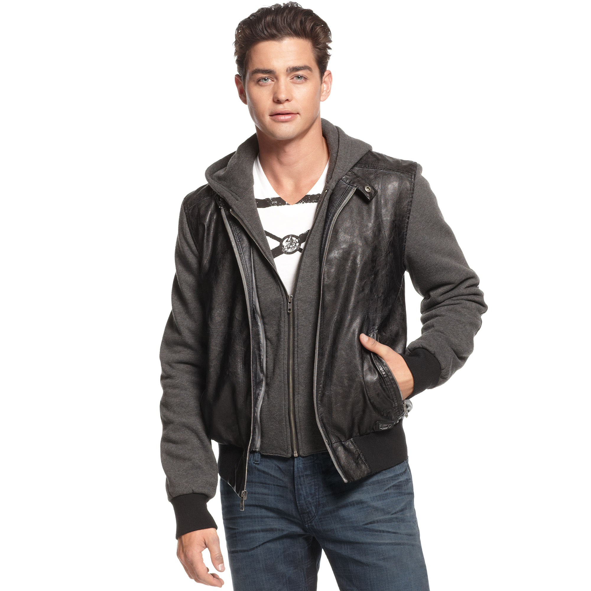 guess men's leather jacket with hood