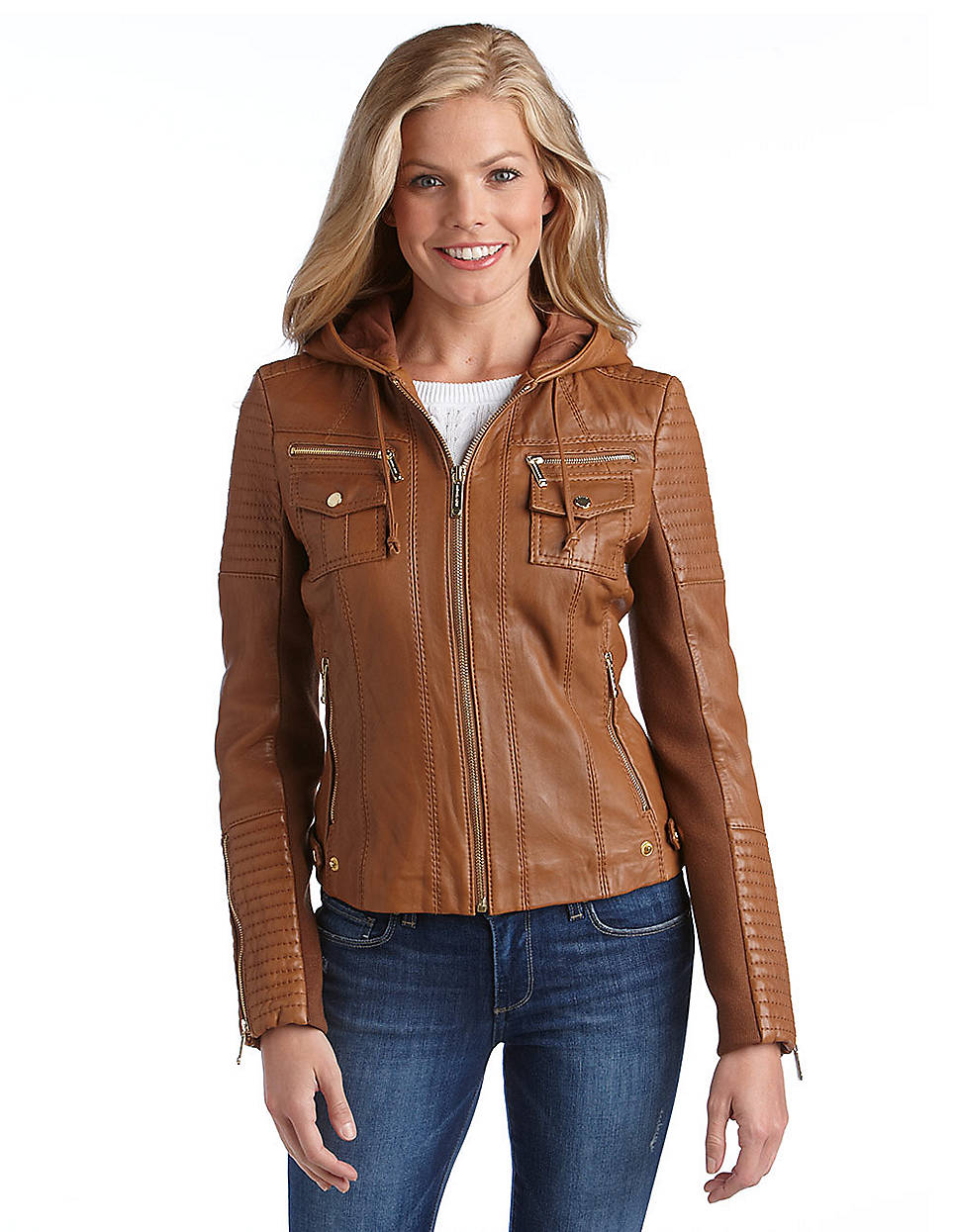 Michael Kors Hooded Leather Jacket in Brown - Lyst