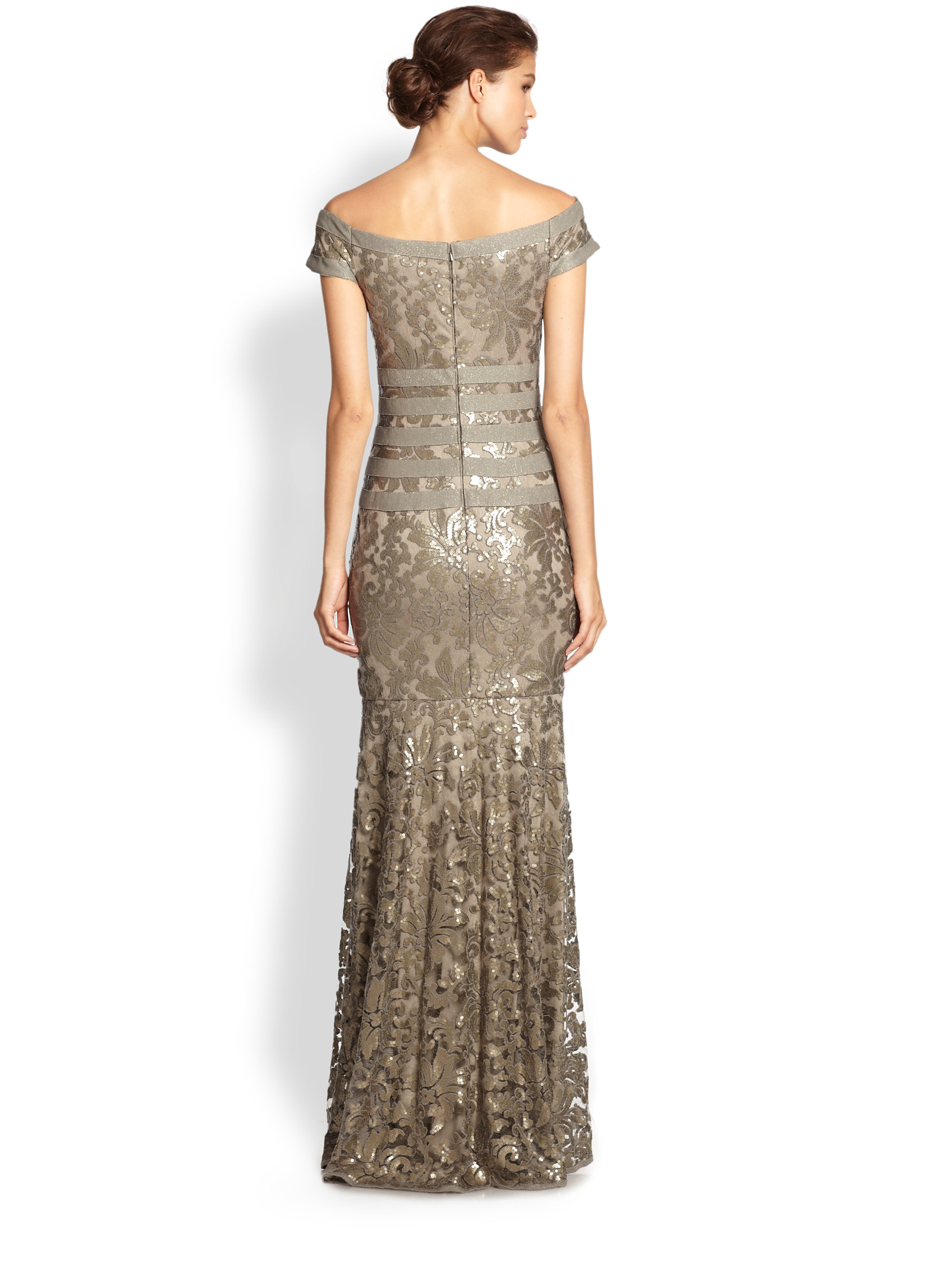 Tadashi Shoji Sequined Lace Gown in Smoke Pearl (Gray) | Lyst