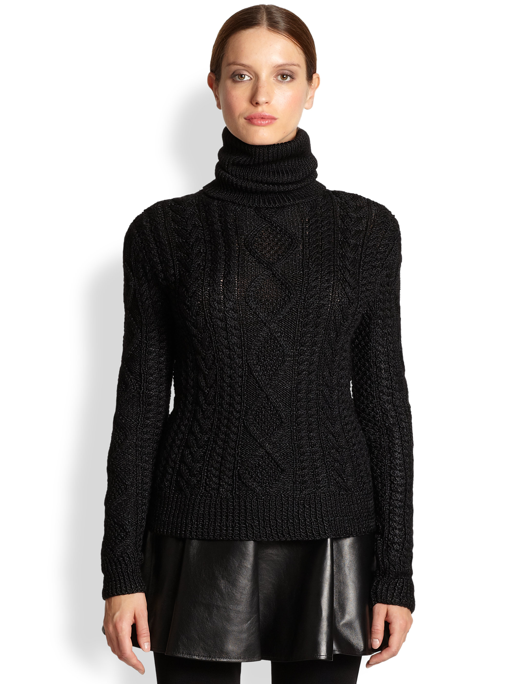 Ralph Lauren Collection Silk Cashmere Cableknit Turtleneck Sweater in Black  - Lyst