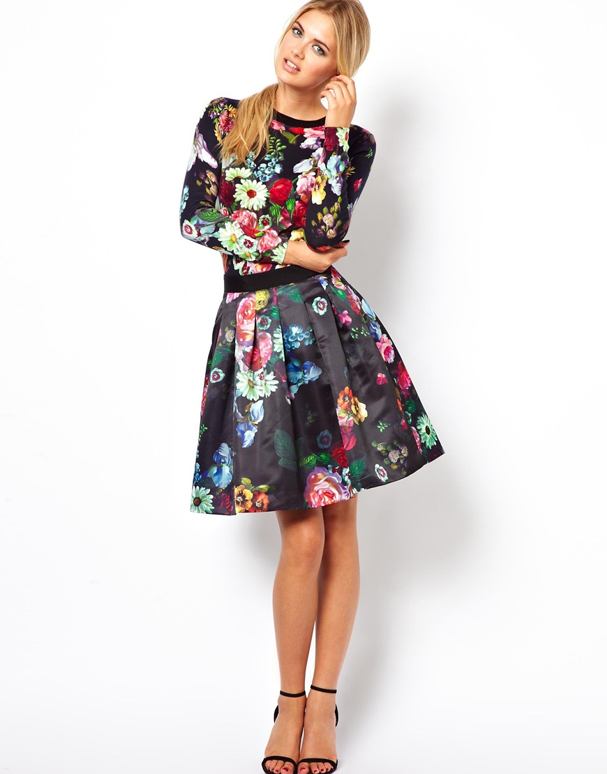 Ted Baker Full Skirt in All Over Floral Print in Black | Lyst