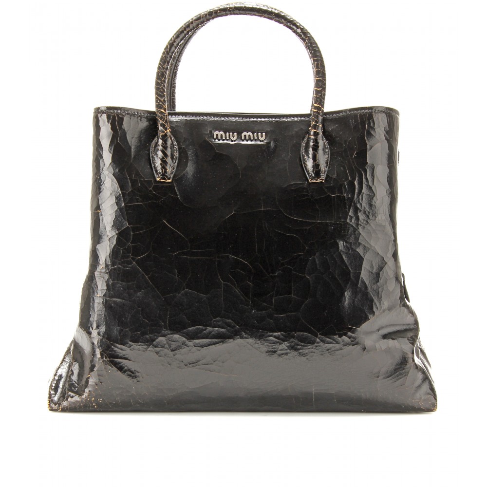 Miu Miu Cracked Leather Tote in Black Lyst
