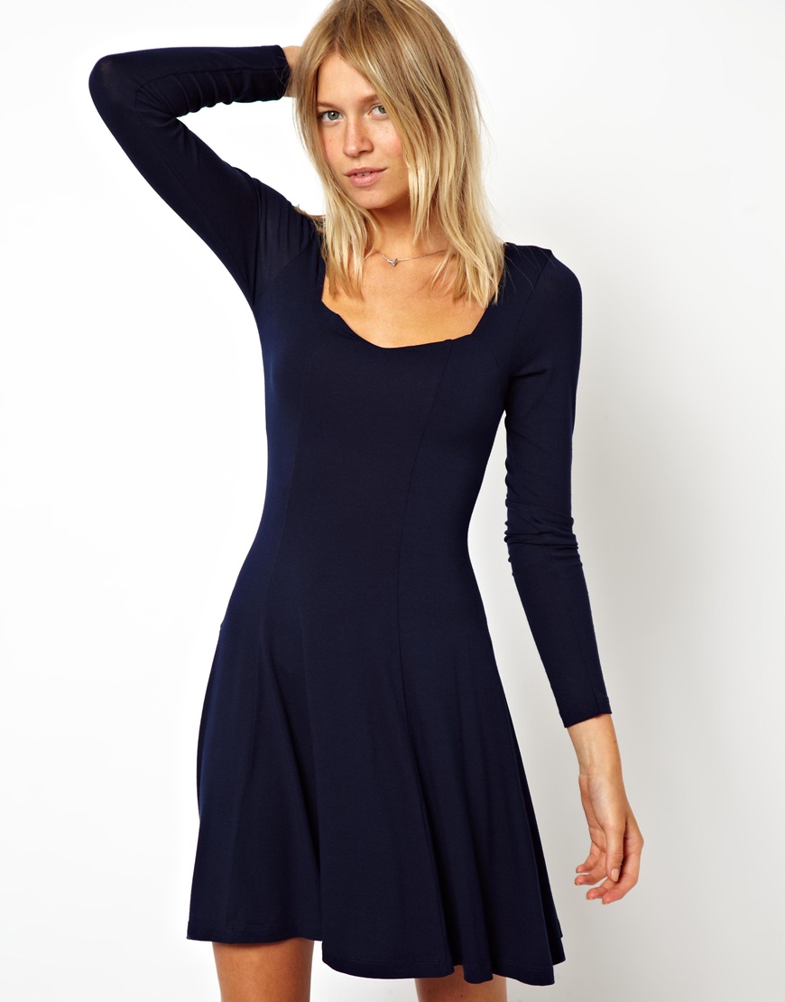 ASOS Skater Dress With Sweetheart Neck And Long Sleeve in ASOS Skater Dress With Sweetheart Neck And Long Sleeve in