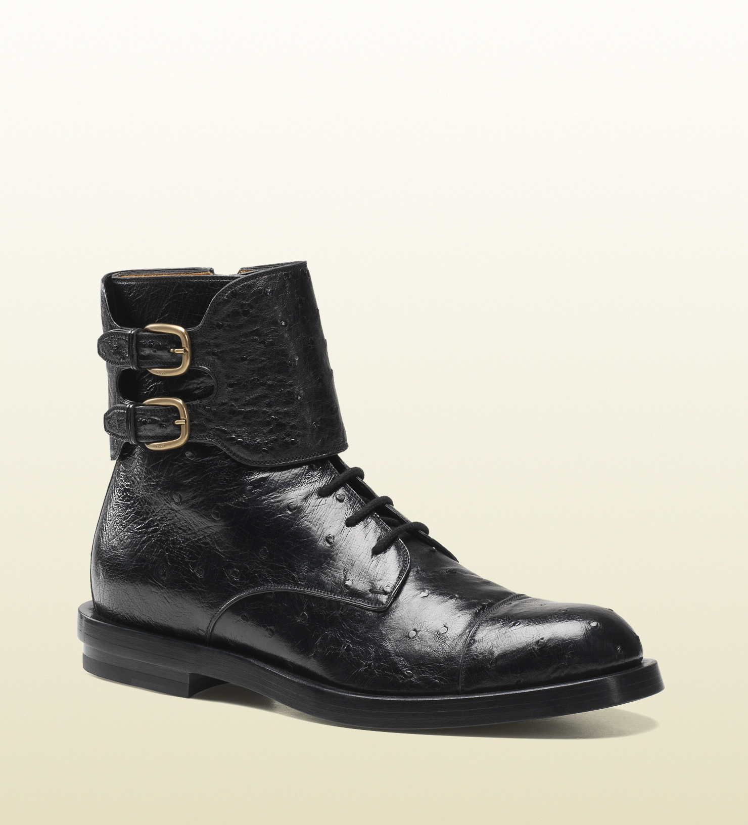 Gucci Black Ostrich Double Buckle Military Boot for Men - Lyst