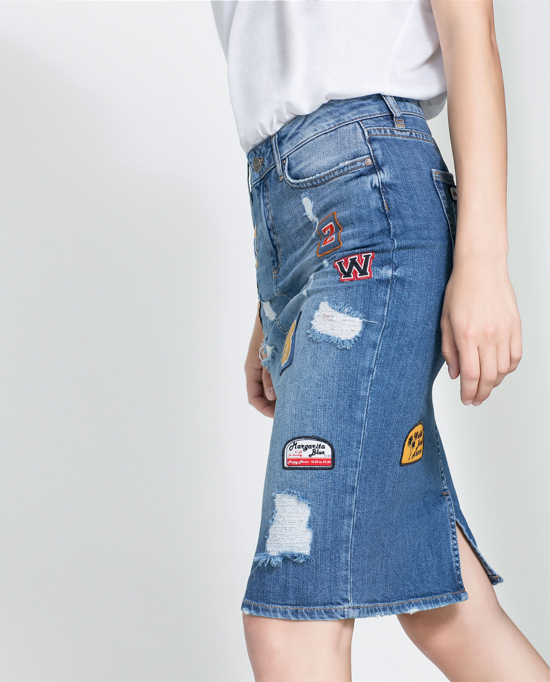 Zara Patched Denim Skirt In Blue Lyst zara patched denim skirt in blue lyst