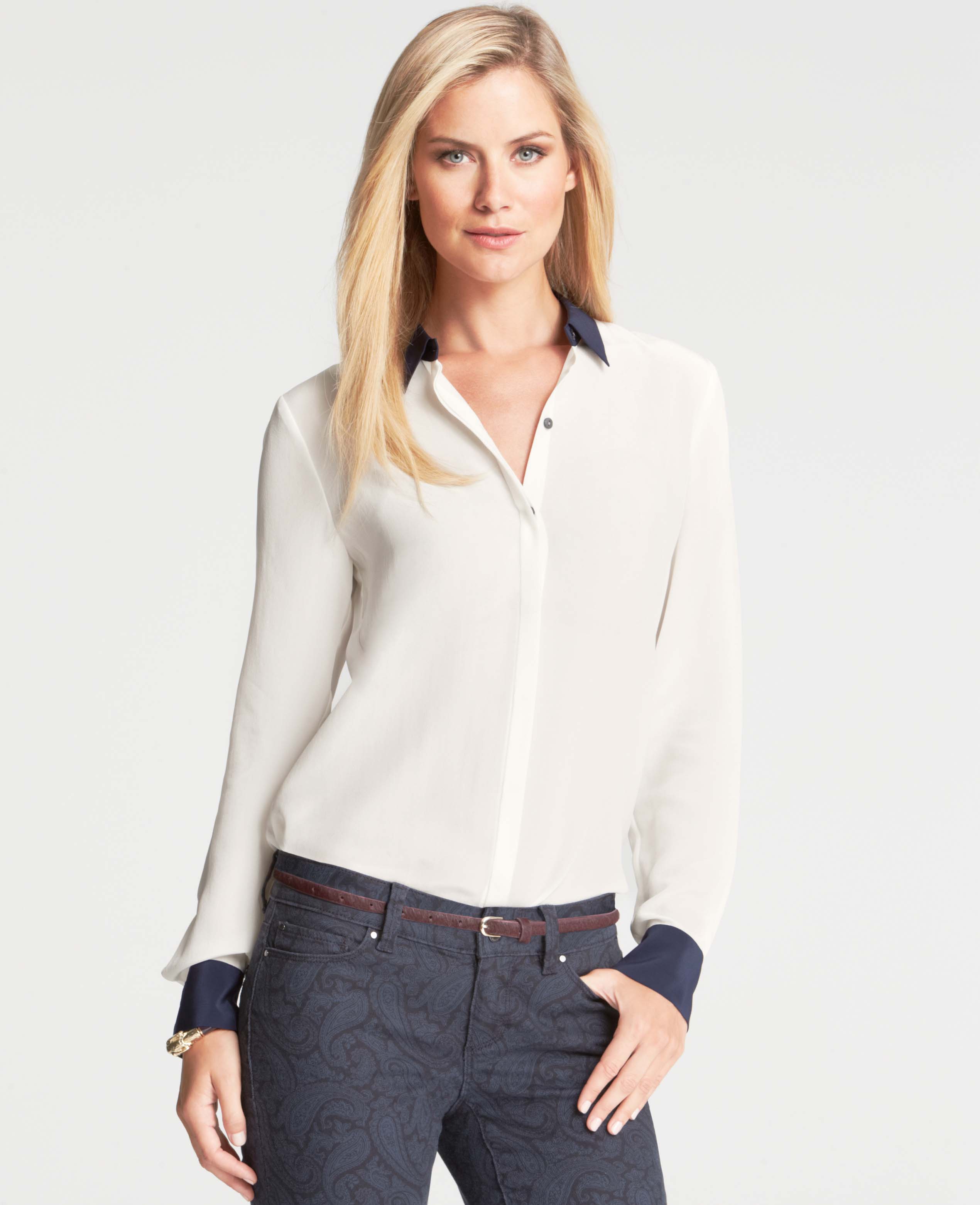 Ann taylor Colorblocked Silk Blouse in White Lyst
