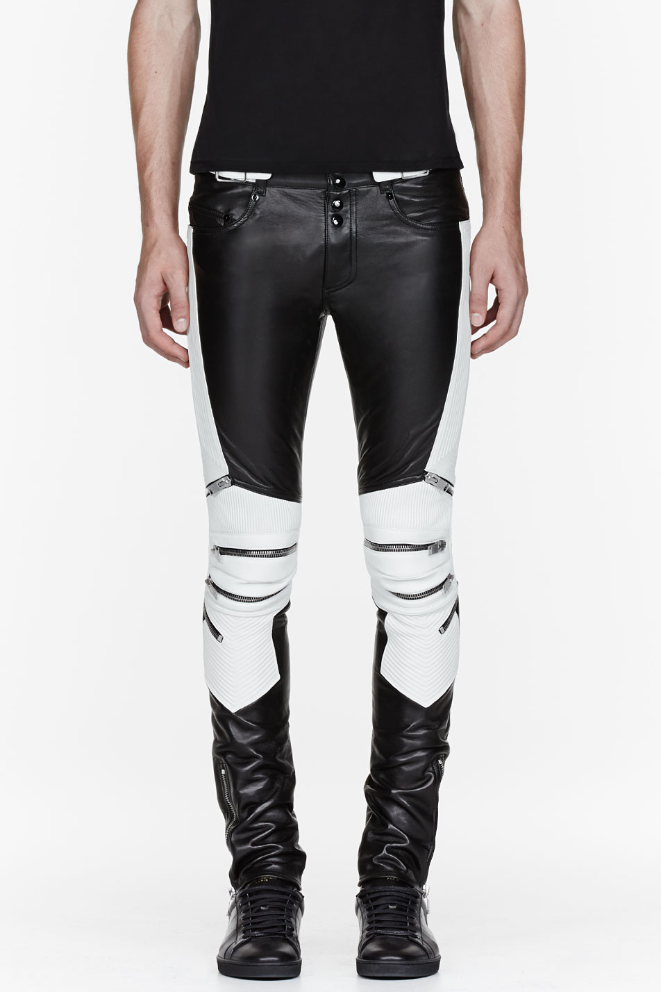 Saint Laurent Black and White Ribbed Zipped Biker Pants for Men | Lyst