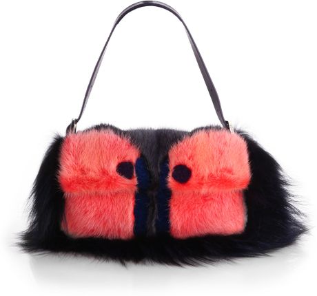 Fendi Owl Baguette Shoulder Bag with Mink and Fox Fur in Pink (iron ...