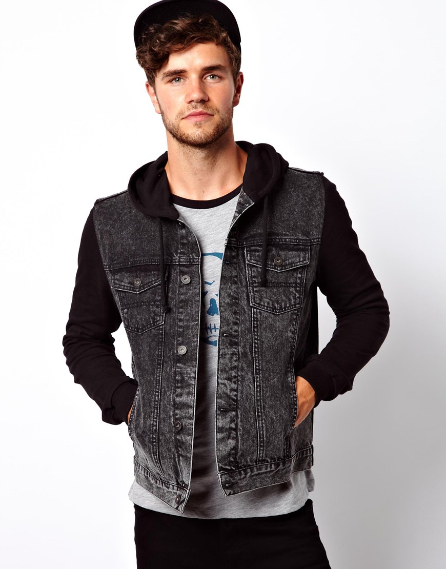 Lyst - Asos Denim Jacket With Jersey Sleeves in Black for Men