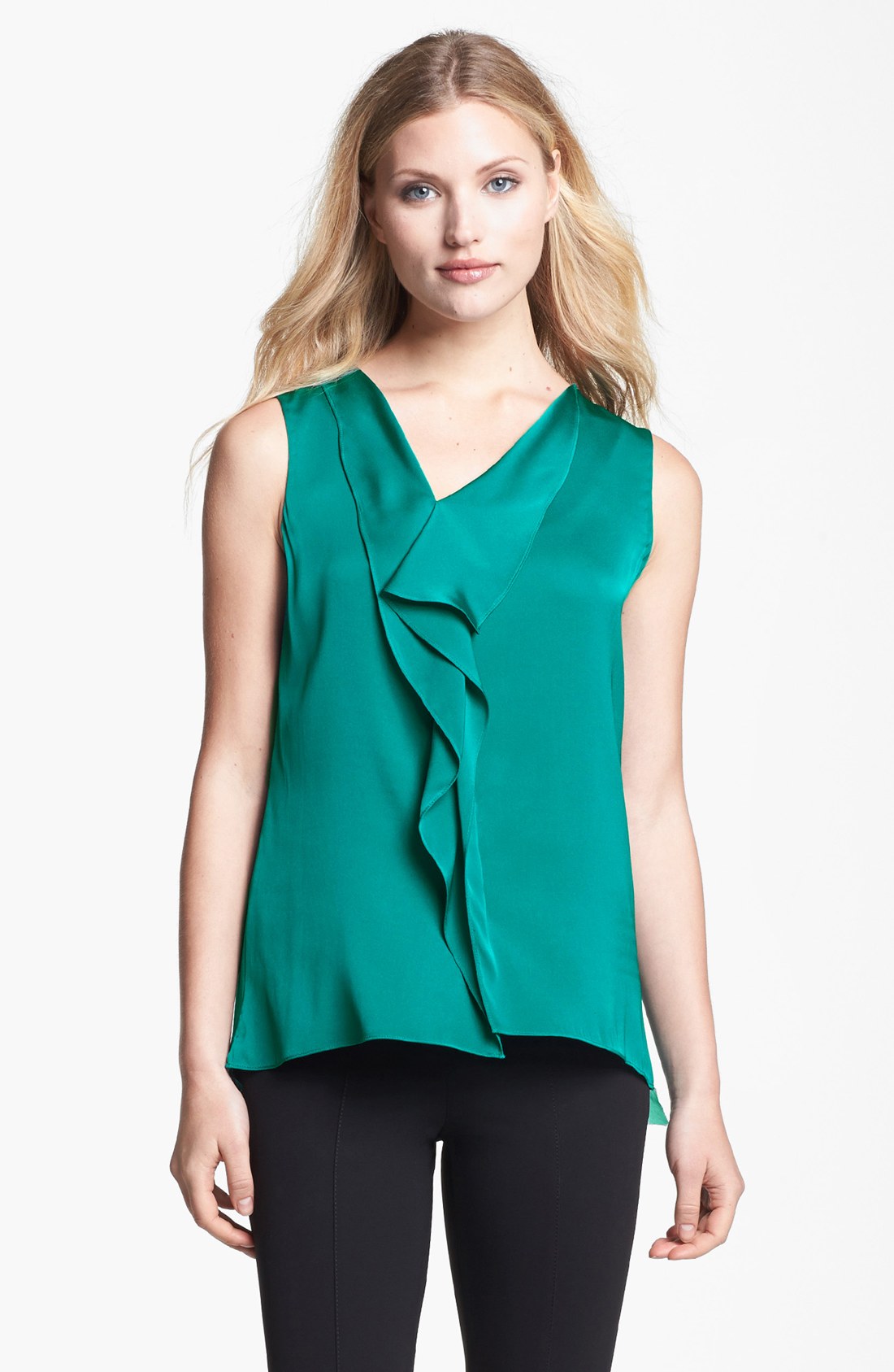 Elie Tahari Melody Ruffle Front Blouse in Green (Intense Teal) | Lyst